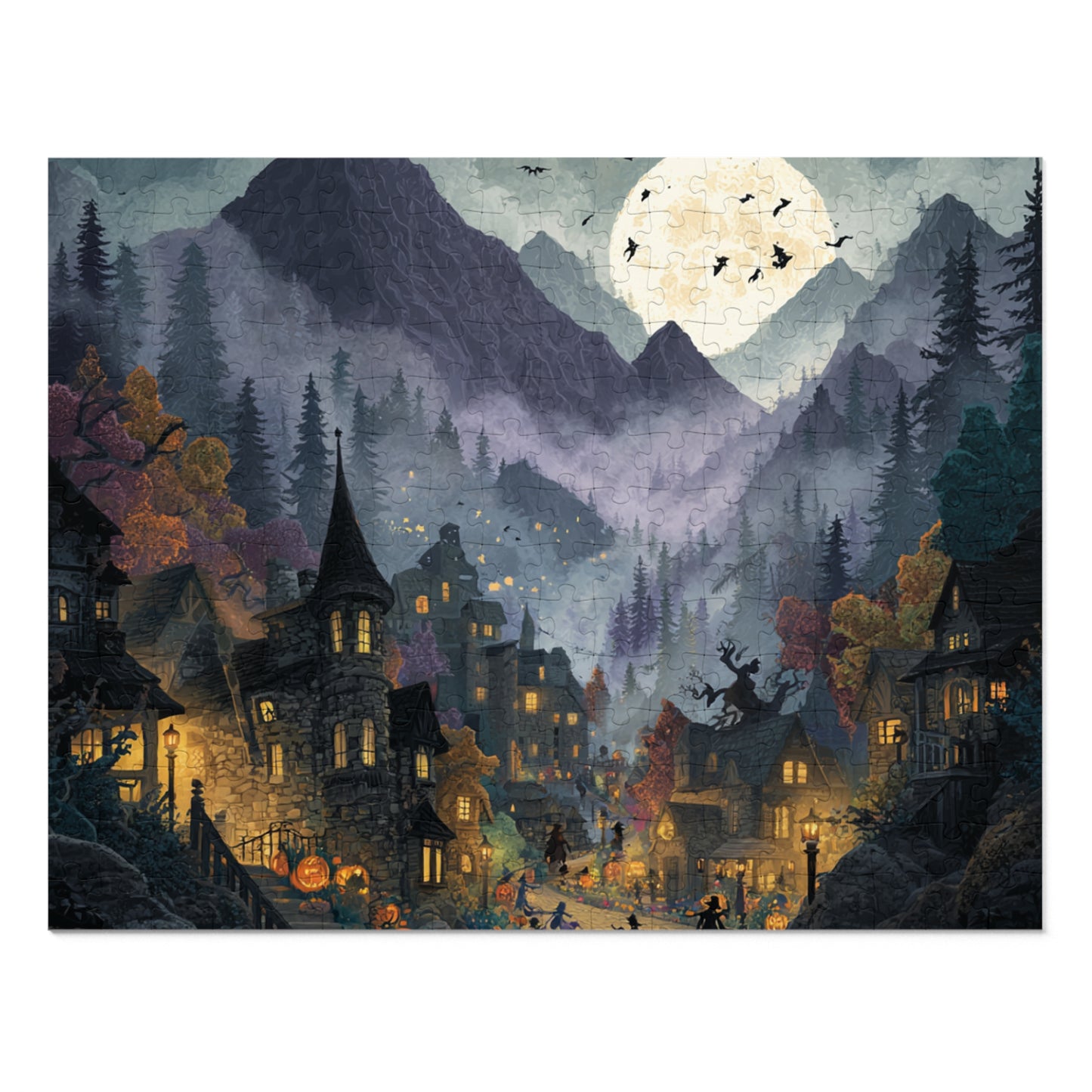 Spookington Village Puzzle Collection,  Spookington Village on Old Hallows Eve with Tin, Halloween Puzzle