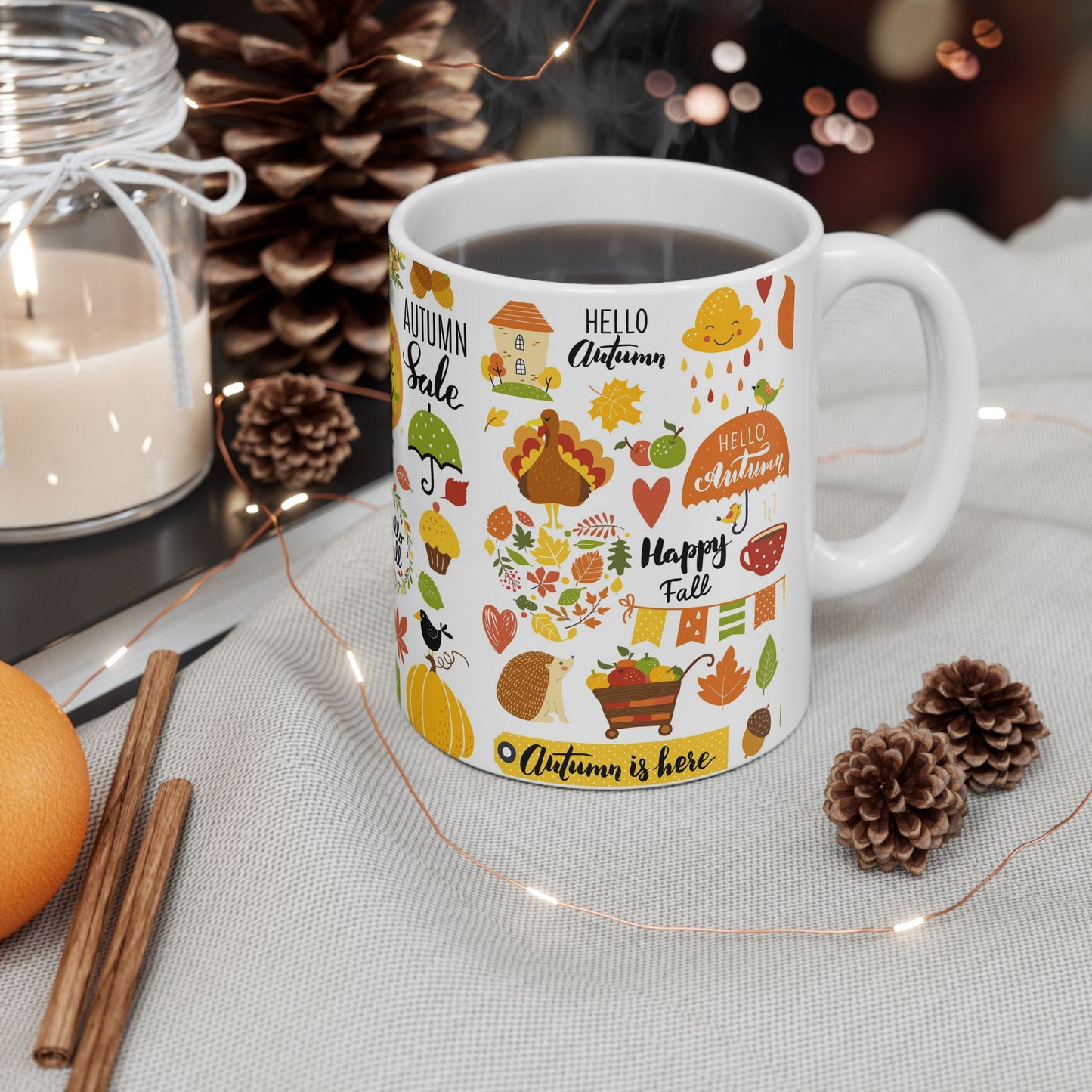 Autumn Is Here Ceramic Mug — Fall Leaves, Fox & Pumpkin Coffee Cup (11oz/15oz)
