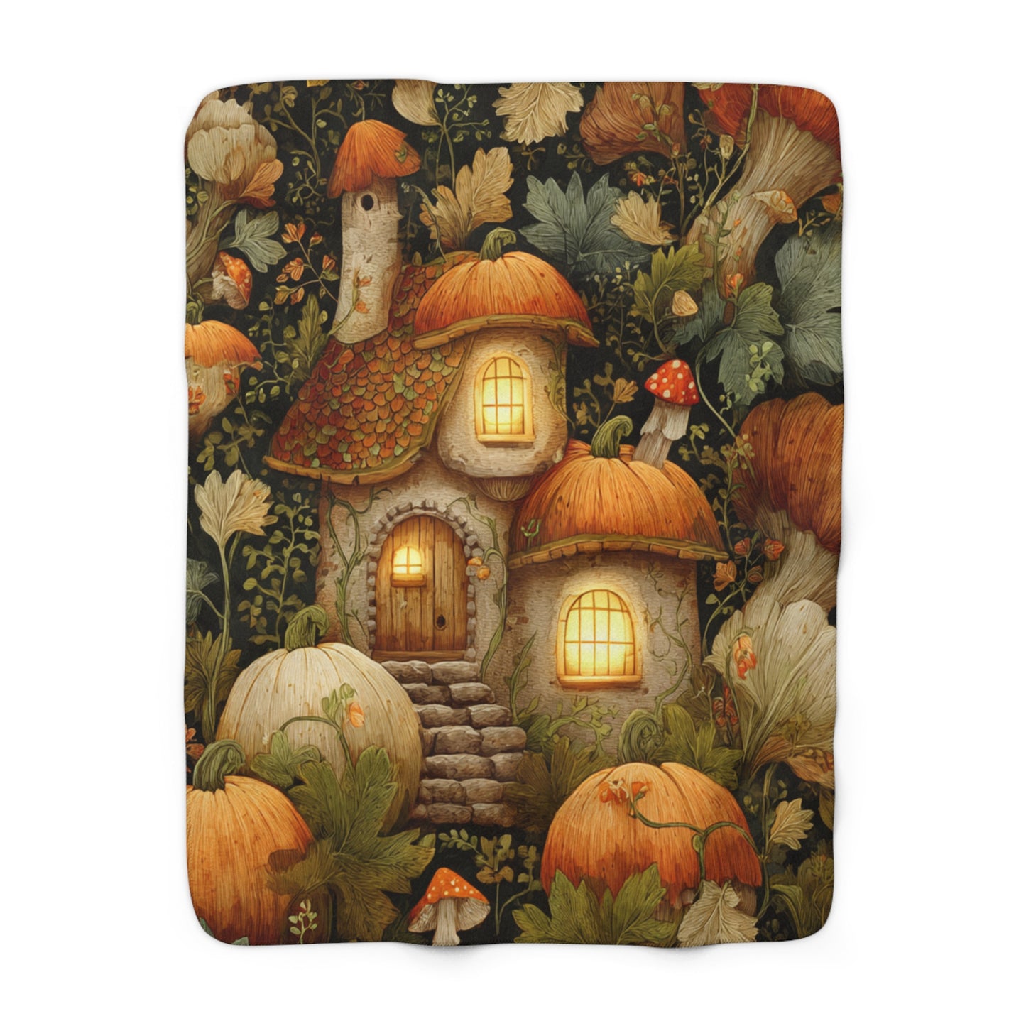 Autumn Gnome Houses Sherpa Fleece Blanket | Cozy Fall Throw | Whimsical Home Decor | Seasonal Home Accent | Fall Gnome Village Design