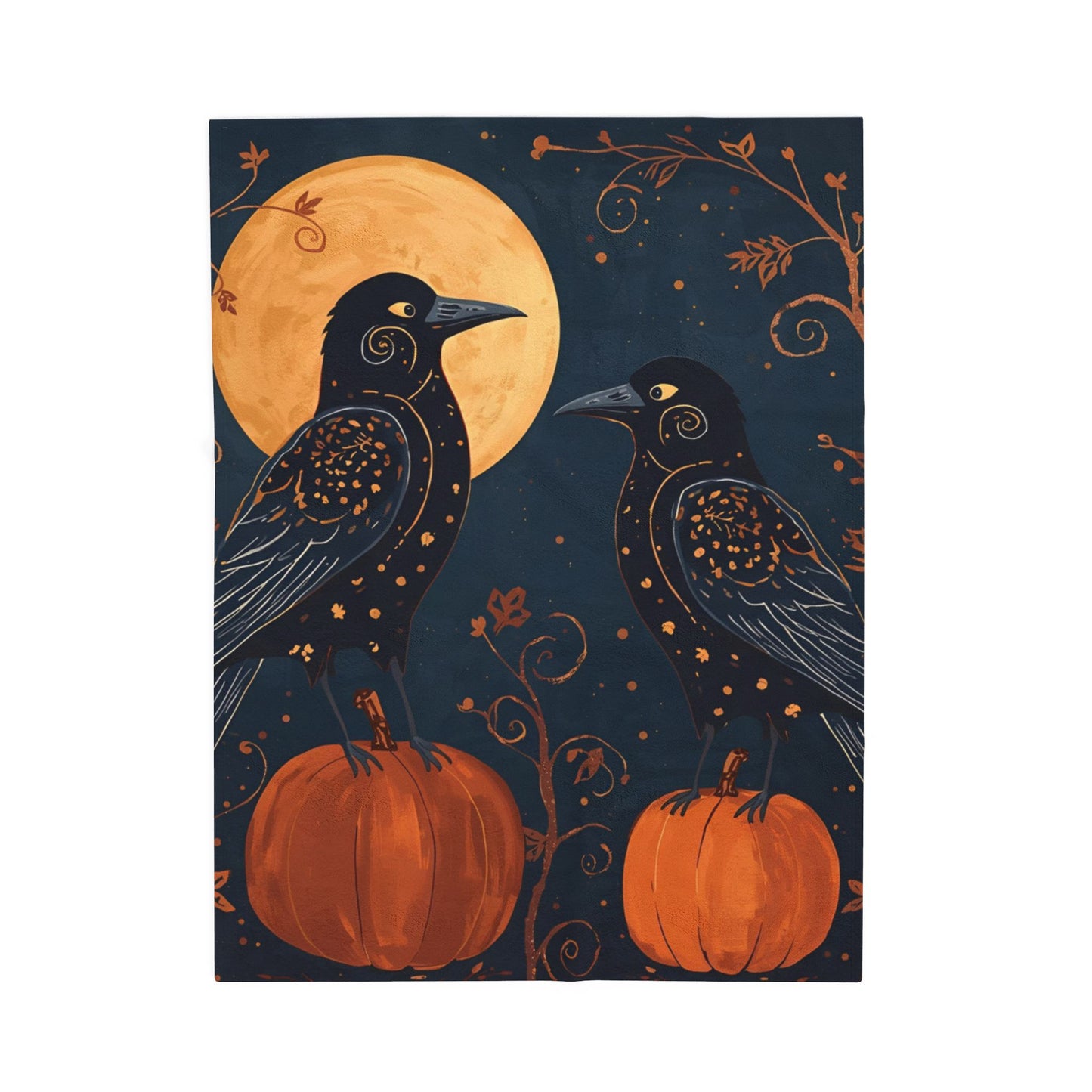 Whimsical Crows with Full Moon Velveteen Plush Blanket | Cozy Fall Throw | Warm Autumn Home Decor | Pumpkin Design