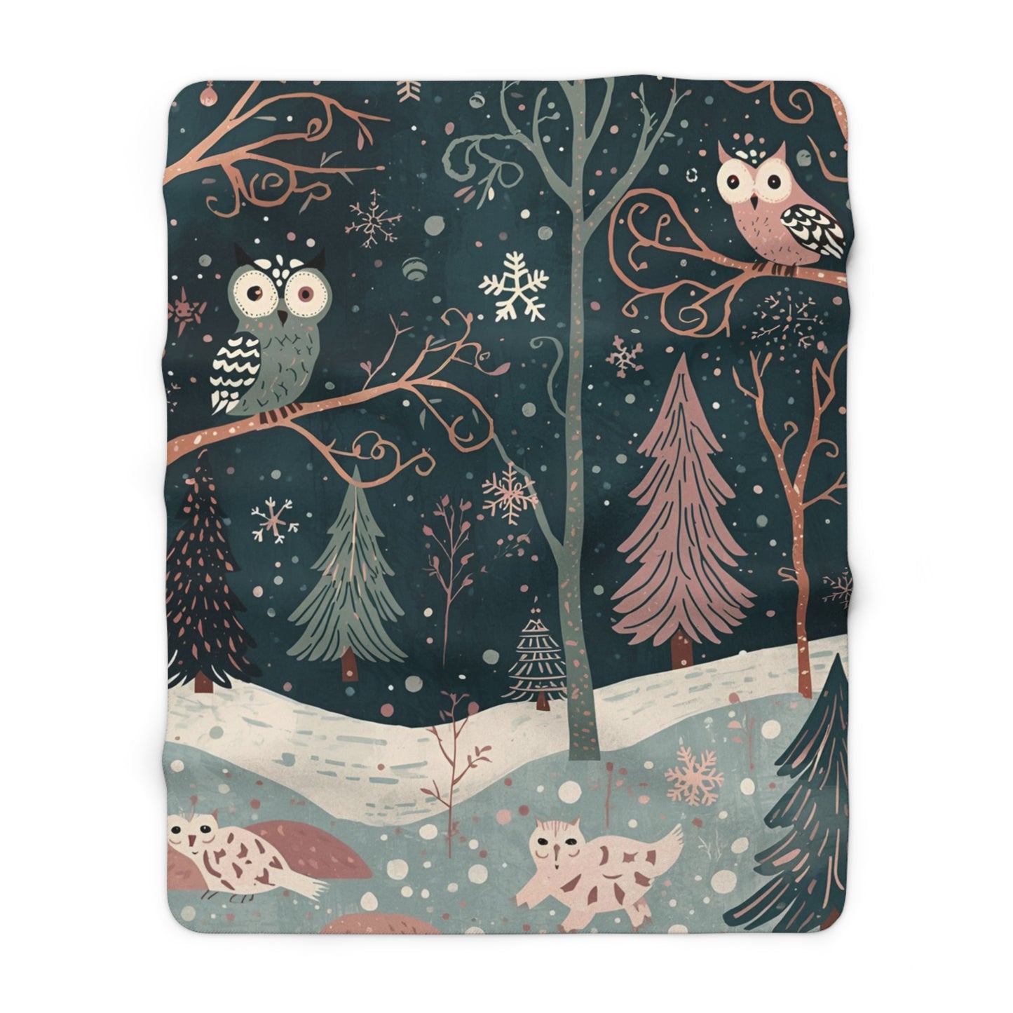 Whimsical Owl Sherpa Fleece Blanket | Cozy Winter Throw | Soft Owl Blanket Gift | Snowflake & Pine Tree Decor | Warm Plush Throw