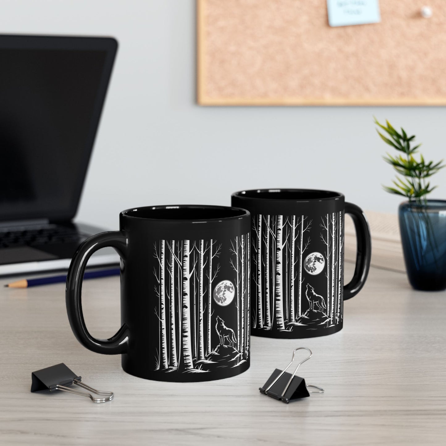 Wolf Howling at the Moon Forest Mug — Black Ceramic Coffee Cup (11oz, 15oz)
