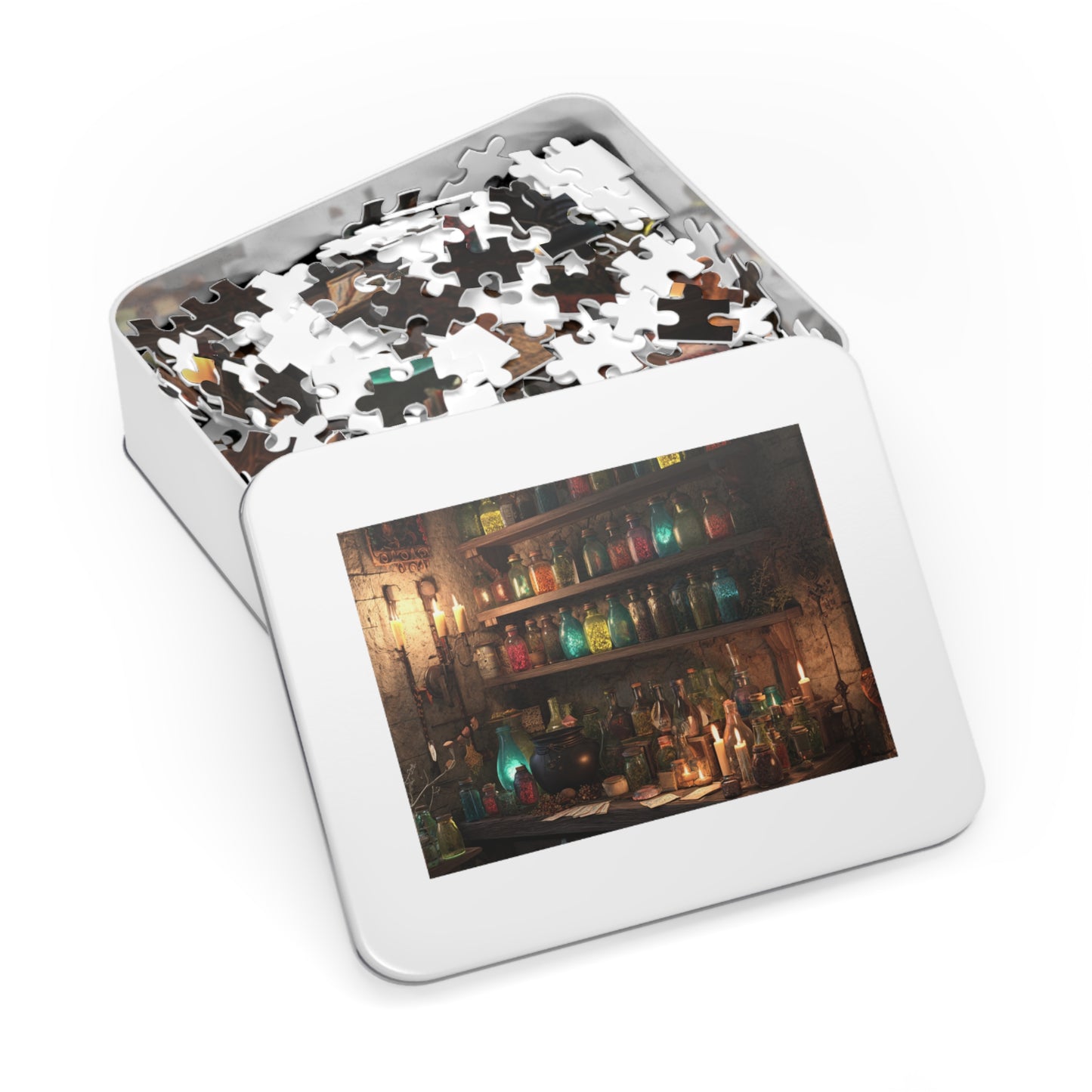 Witchs Potion Room Puzzle with Spellbinding Bottles, Magical Brews an Enchanted Jigsaw Puzzle with Decorative Tin