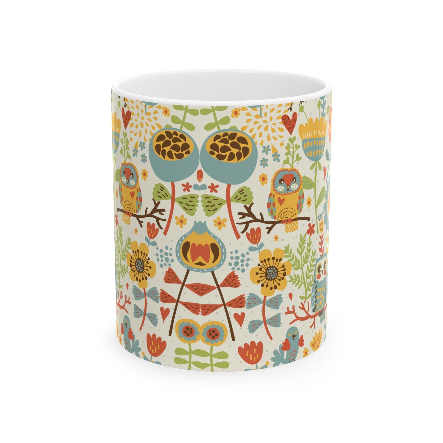 Whimsical Owl Ceramic Mug, Vibrant and Cheerful Coffee Mug, 11oz & 15oz, Perfect Gift for Owl Lovers, Cute Tea Mug