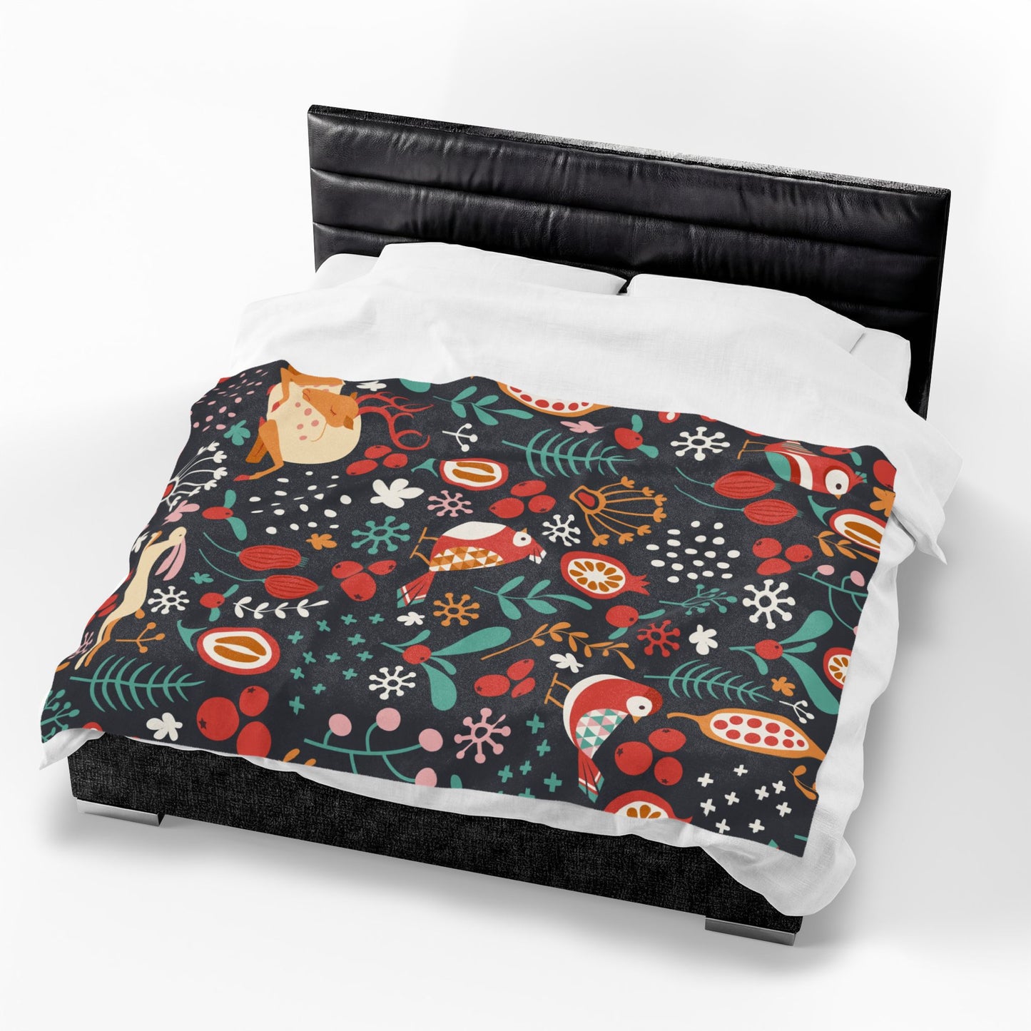 Velveteen Plush Blanket — Whimsical Forest Animals & Berries Throw