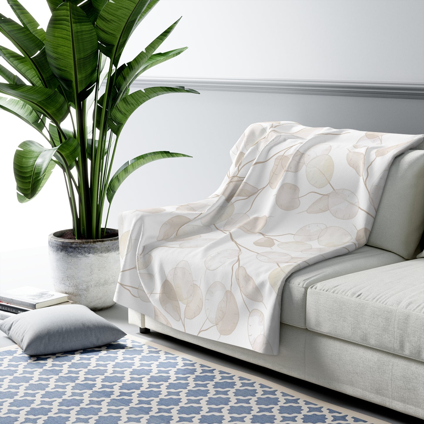 Cream & Beige Subtle Leaves Sherpa Fleece Blanket | Cozy Fall Throw | Neutral Home Decor | Soft Plush Blanket Gift | Warm Autumn Blanket