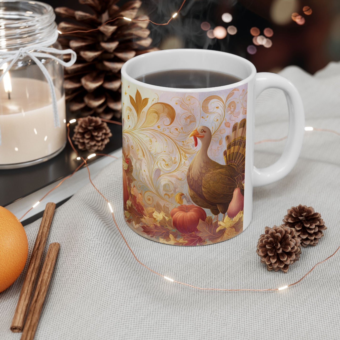 Whimsical Thanksgiving Mug, Pumpkin & Turkey Design, Autumn Coffee Cup, Festive Fall Decor, Harvest Gift, 11 oz and 15 oz Mugs