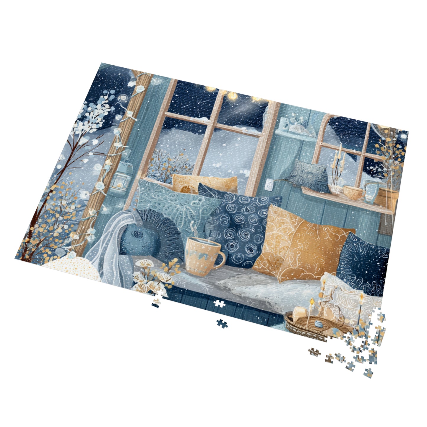 Snowy Hygge Evening by the Window | Cozy Winter Jigsaw Puzzle | Warm Lights, Candles & Cocoa | Relaxing Night-In Puzzle