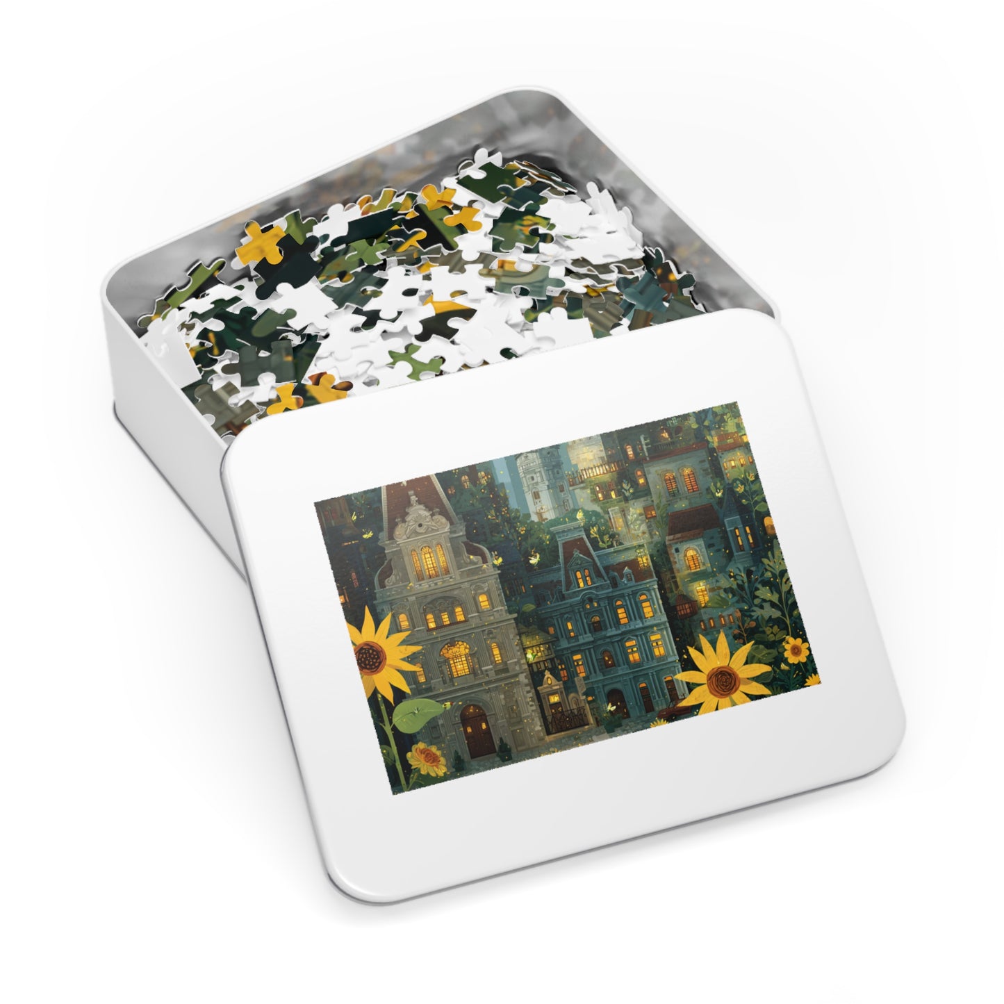 Whimsical Philadelphia Cityscape Sunflower Jigsaw Puzzle with Tin