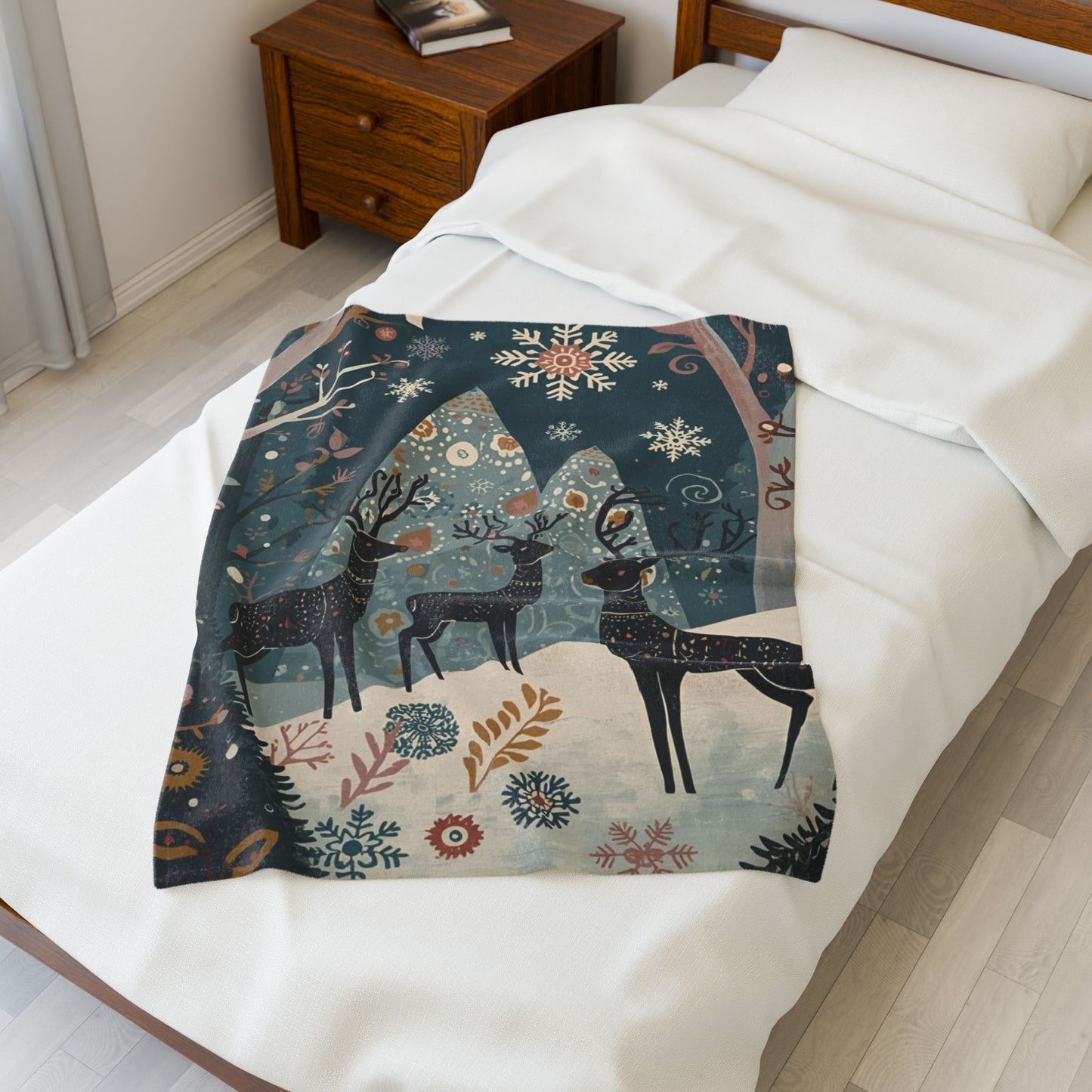 Whimsical Winter Deer Velveteen Plush Blanket | Cozy Woodland Throw | Soft Warm Blanket Gift| Snowflake & Deer Decor | Winter Home Accent