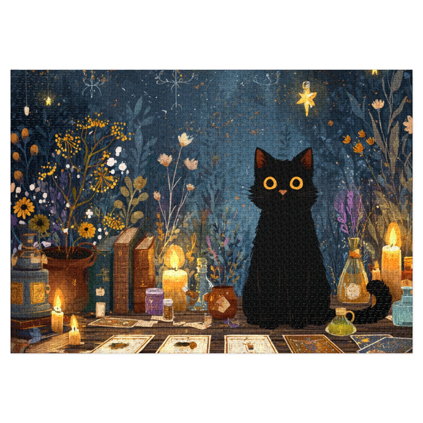 Enchanted Black Cat Puzzle with Tarot, Candles, and Spellbinding Herbs in A Gift Tin. Gift for Cat lovers, Halloween Gift Puzzle