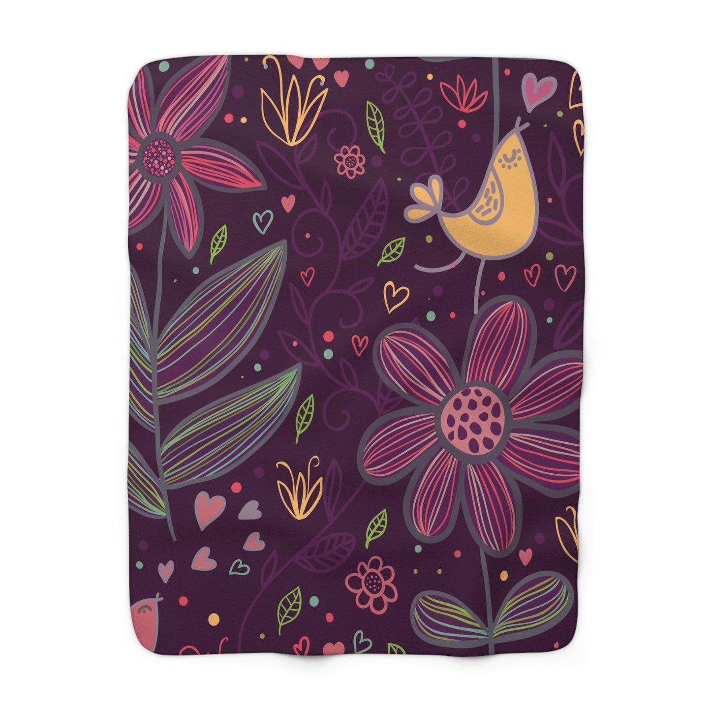 Floral Night Birds Sherpa Fleece Blanket — Cozy Purple Flower & Bird Throw