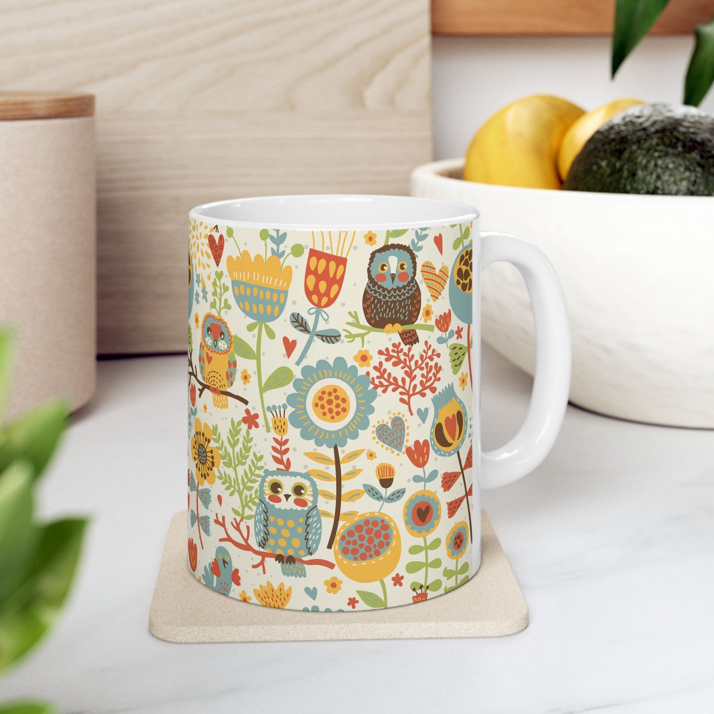 Whimsical Owl Ceramic Mug, Vibrant and Cheerful Coffee Mug, 11oz & 15oz, Perfect Gift for Owl Lovers, Cute Tea Mug