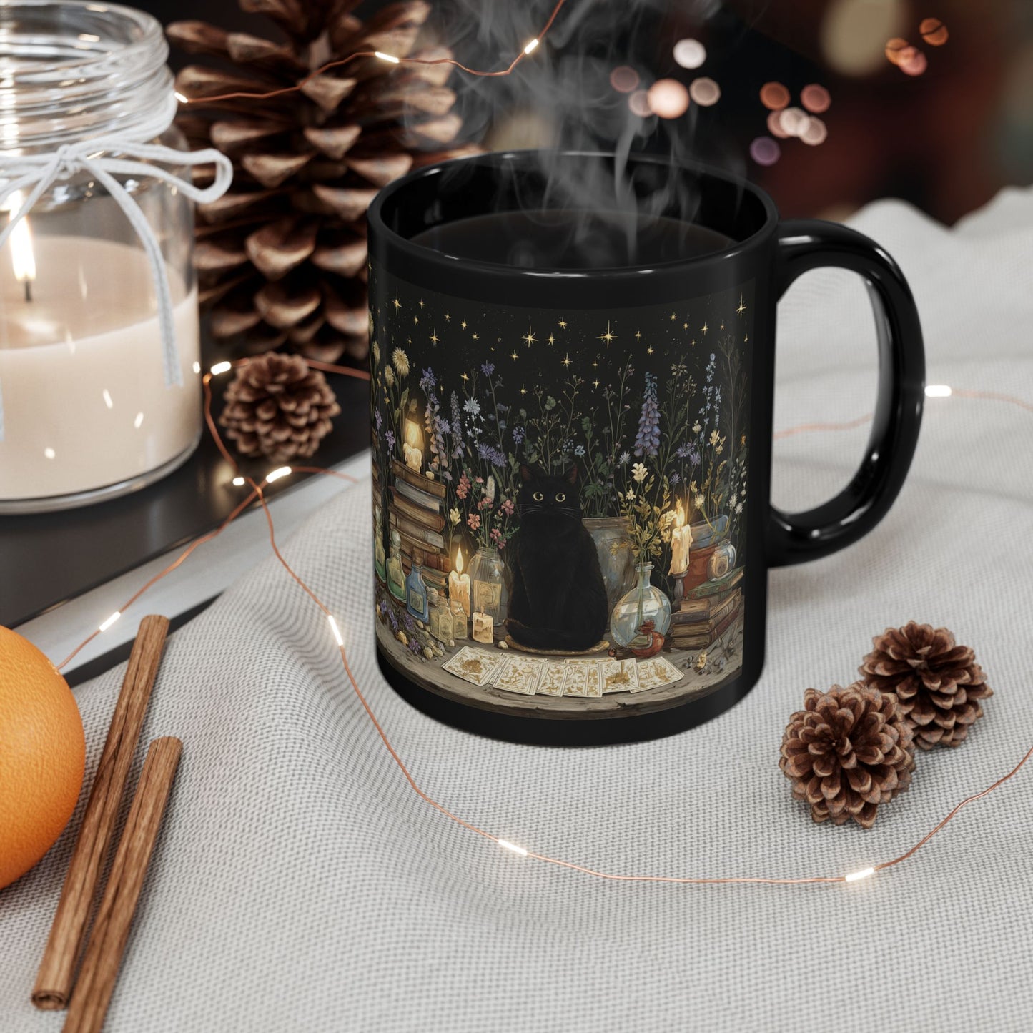 Witchy Black Cat Alchemy Mug — Candlelit Potions & Starry Books (11oz/15oz)