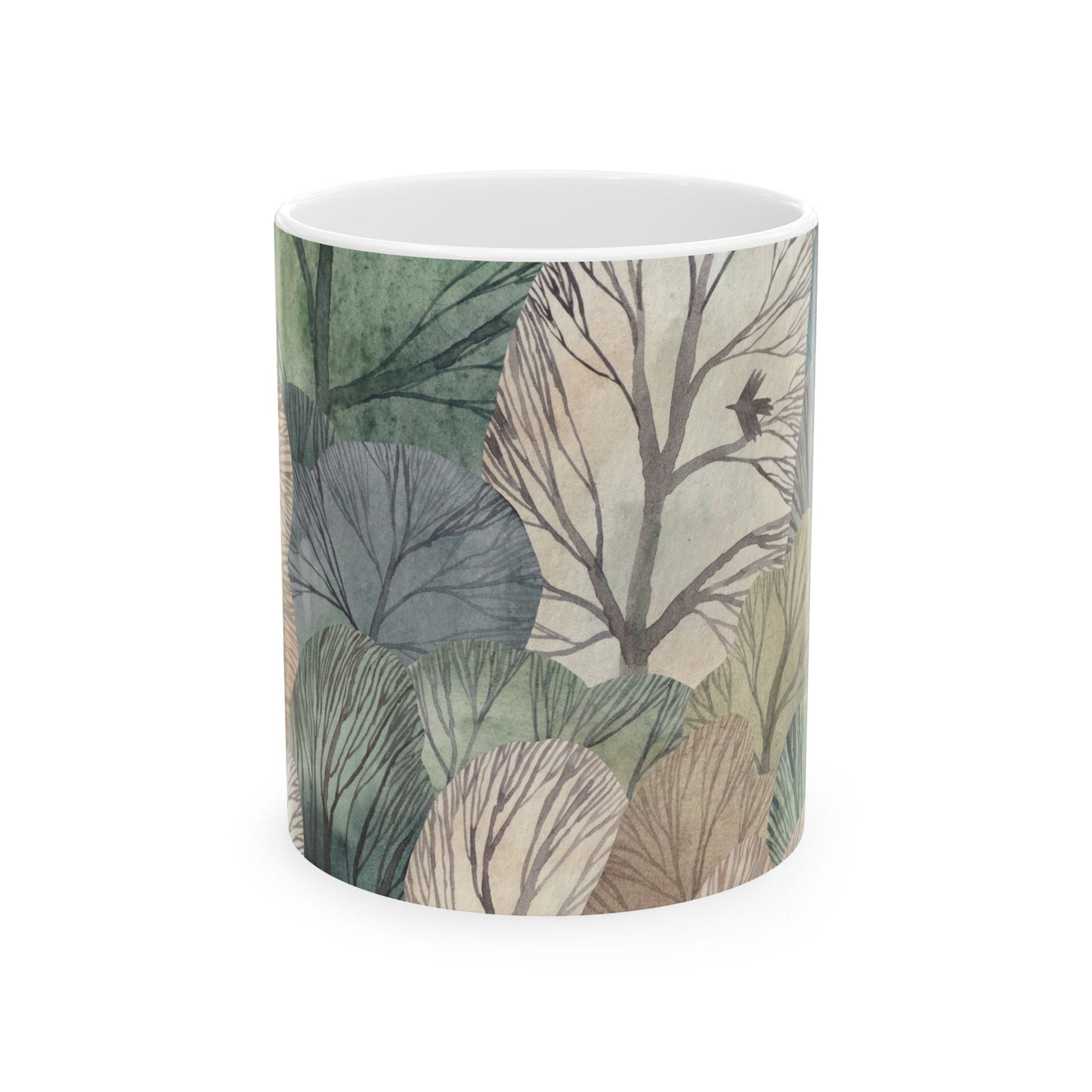 Whimsical Forest Ceramic Mug, Woodland Leaves in Muted Green, Gray and Cream, Cozy Nature Coffee Cup, 11oz & 15oz