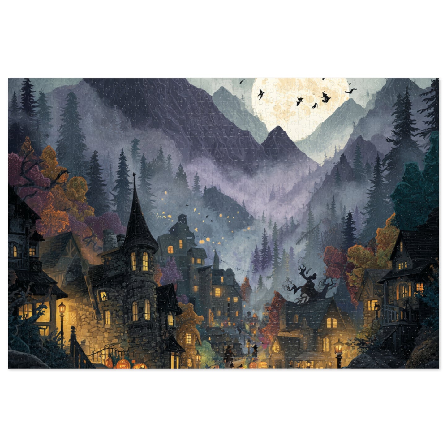 Spookington Village Puzzle Collection,  Spookington Village on Old Hallows Eve with Tin, Halloween Puzzle