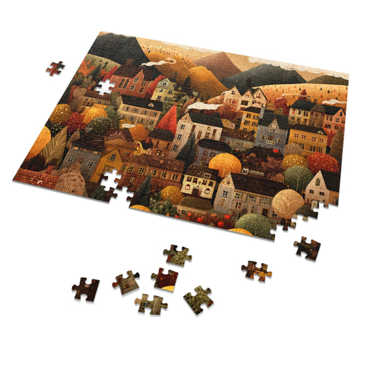 Amber Peak Village Puzzle | Tranquil Autumn Mountain Scene | Cozy Fall Jigsaw Gift | Jazz N’ Coffee Puzzles