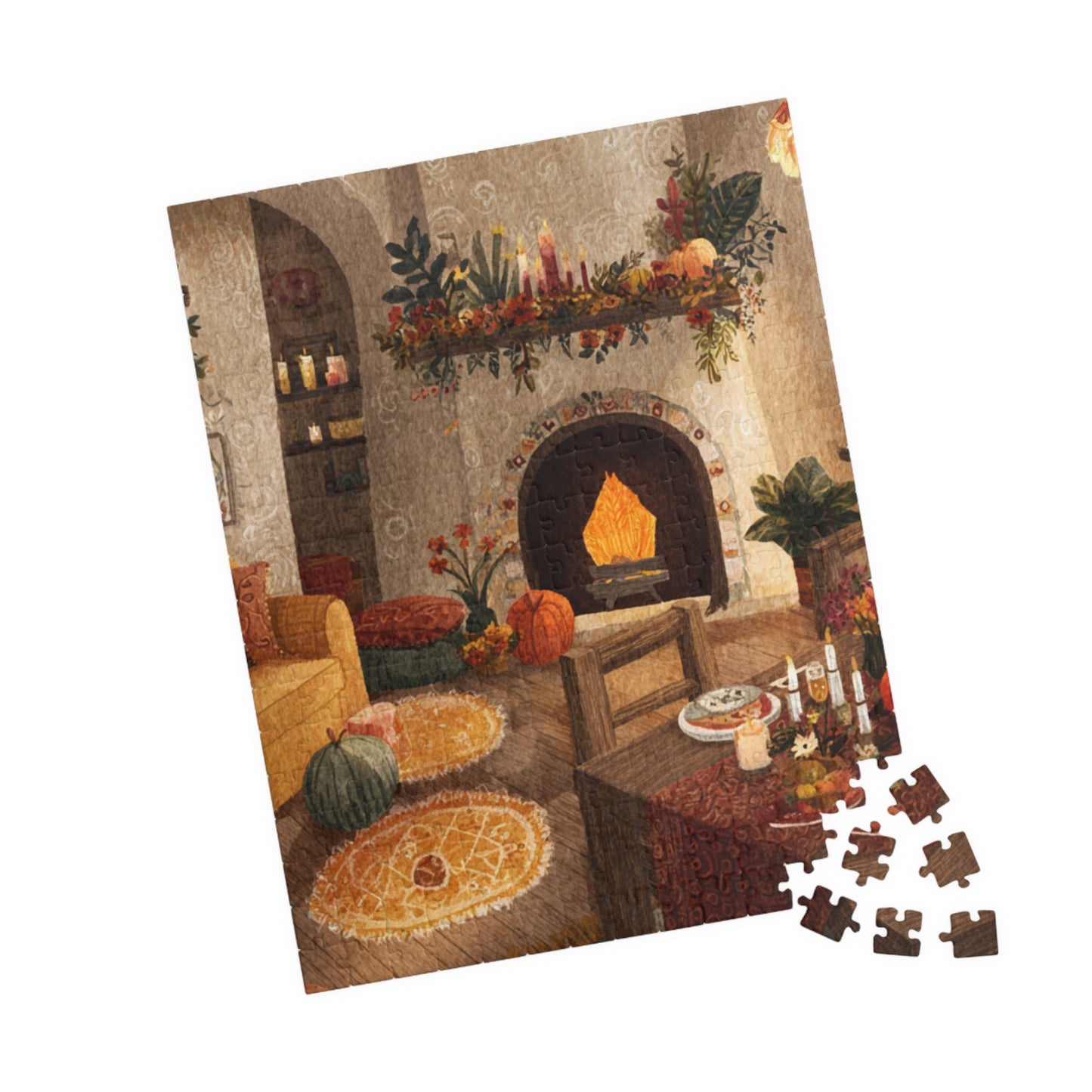Autumn Cozy Living Room Puzzle | Glowing Fireplace Fall Decor | Cozy Seasonal Jigsaw Gift | Jazz N’ Coffee Puzzles