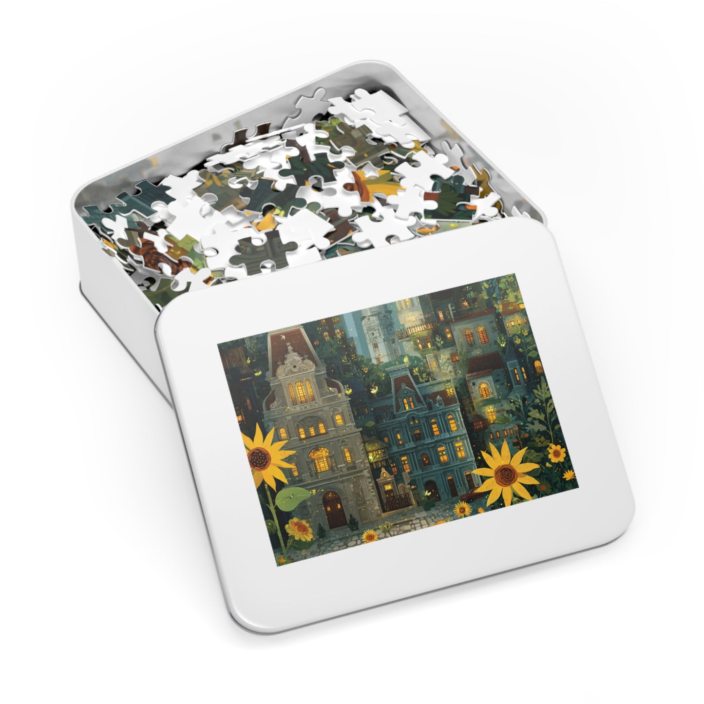 Whimsical Philadelphia Cityscape Sunflower Jigsaw Puzzle with Tin