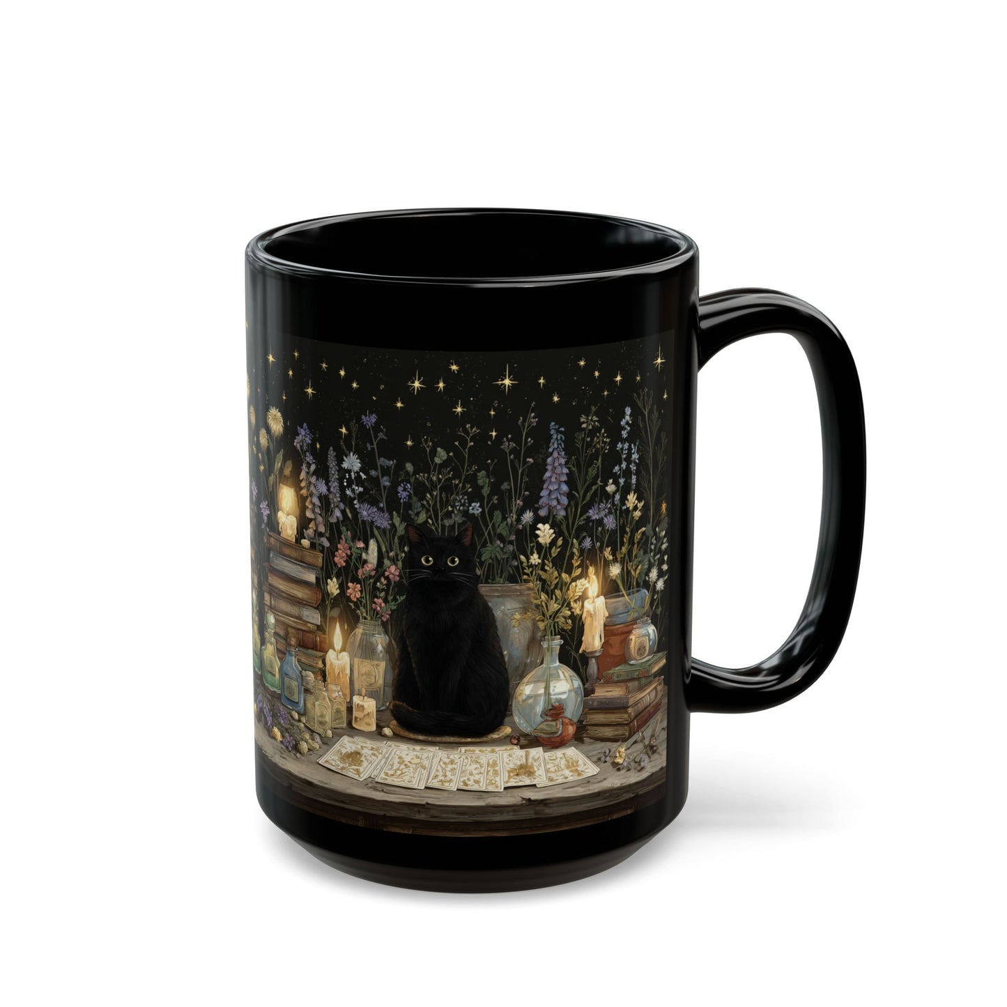 Witchy Black Cat Alchemy Mug — Candlelit Potions & Starry Books (11oz/15oz)