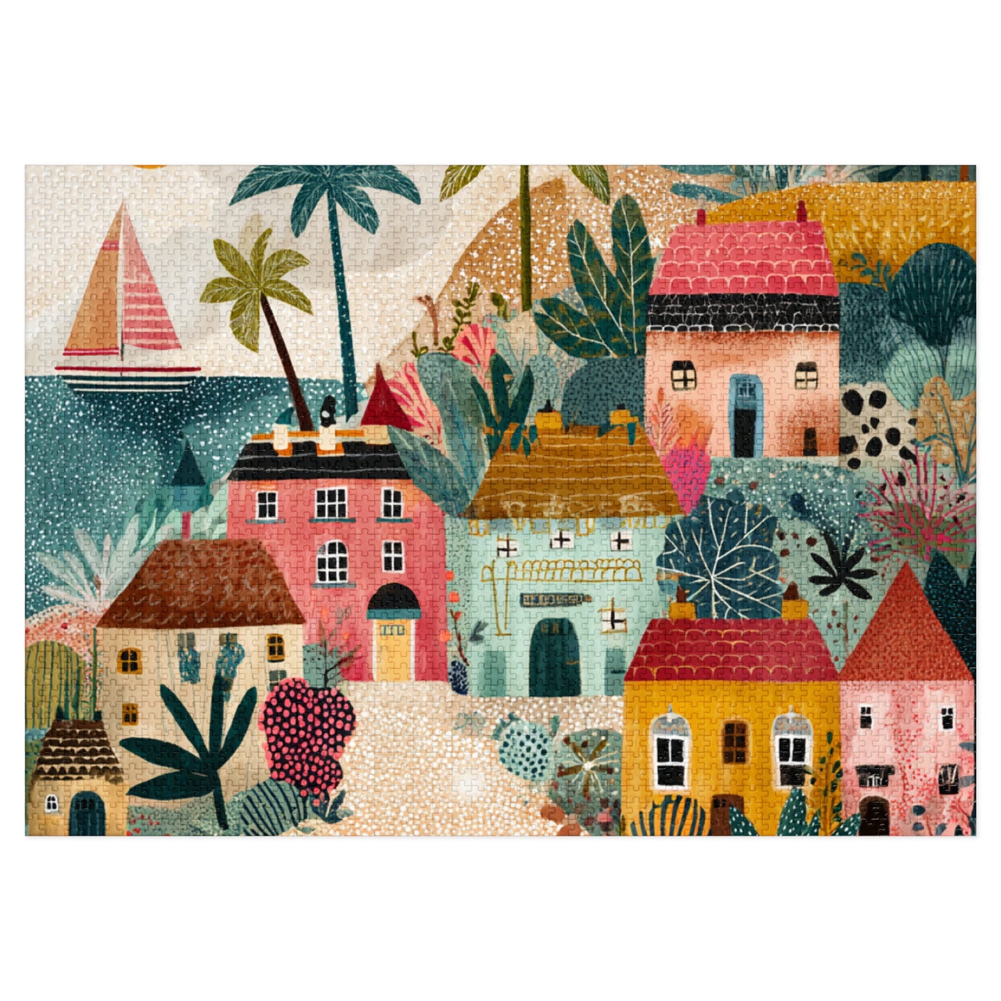 Colorful Coastal Village Jigsaw Puzzle with Tin – Fun Family Activity, Whimsical Folk Art Puzzle, Gift for All Ages