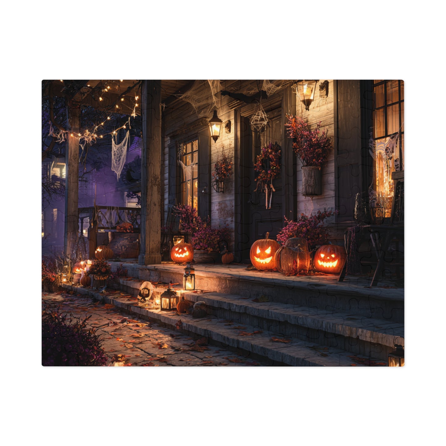 Halloween Porch Jigsaw Puzzle with Tin – Spooky Jack-O’-Lantern Night