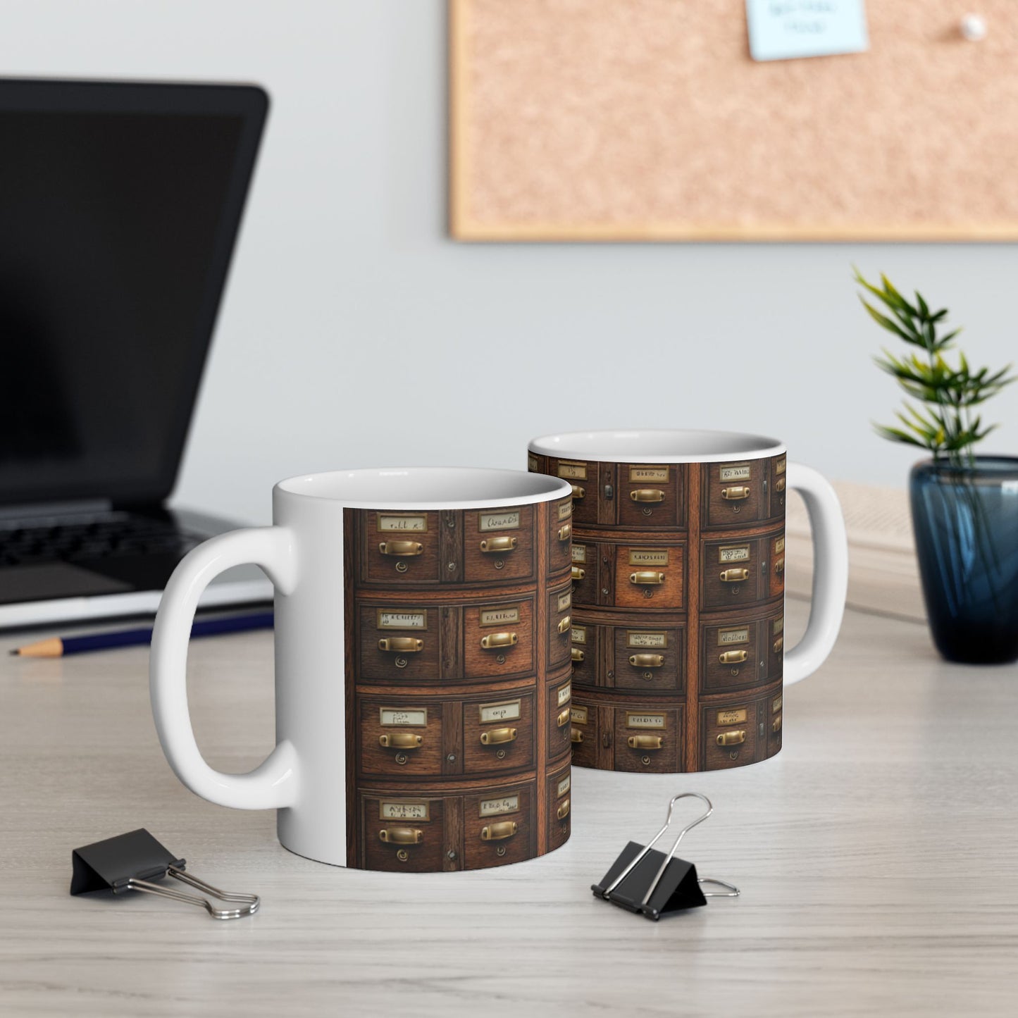 Vintage Library Card Catalog Mug — Antique Wooden Drawer Pattern Ceramic Coffee Cup (11oz/15oz)