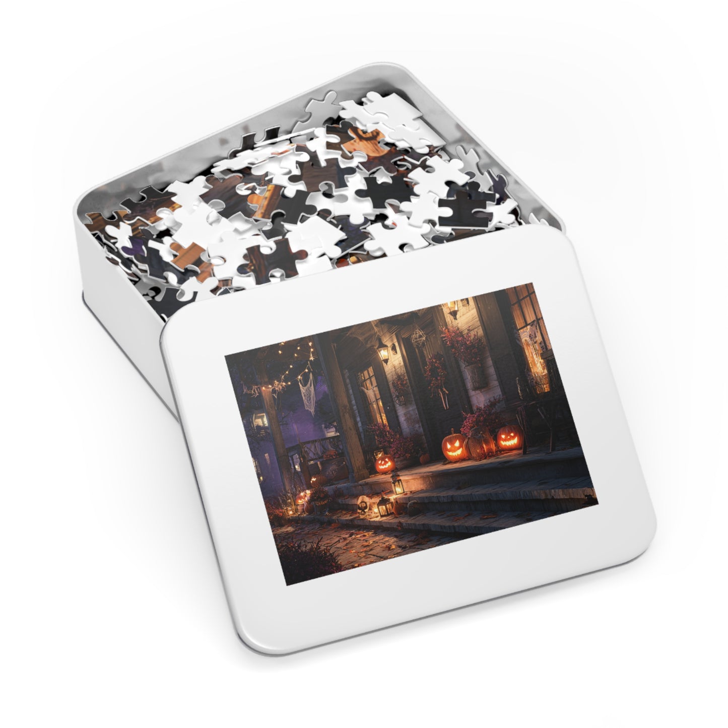 Halloween Porch Jigsaw Puzzle with Tin – Spooky Jack-O’-Lantern Night