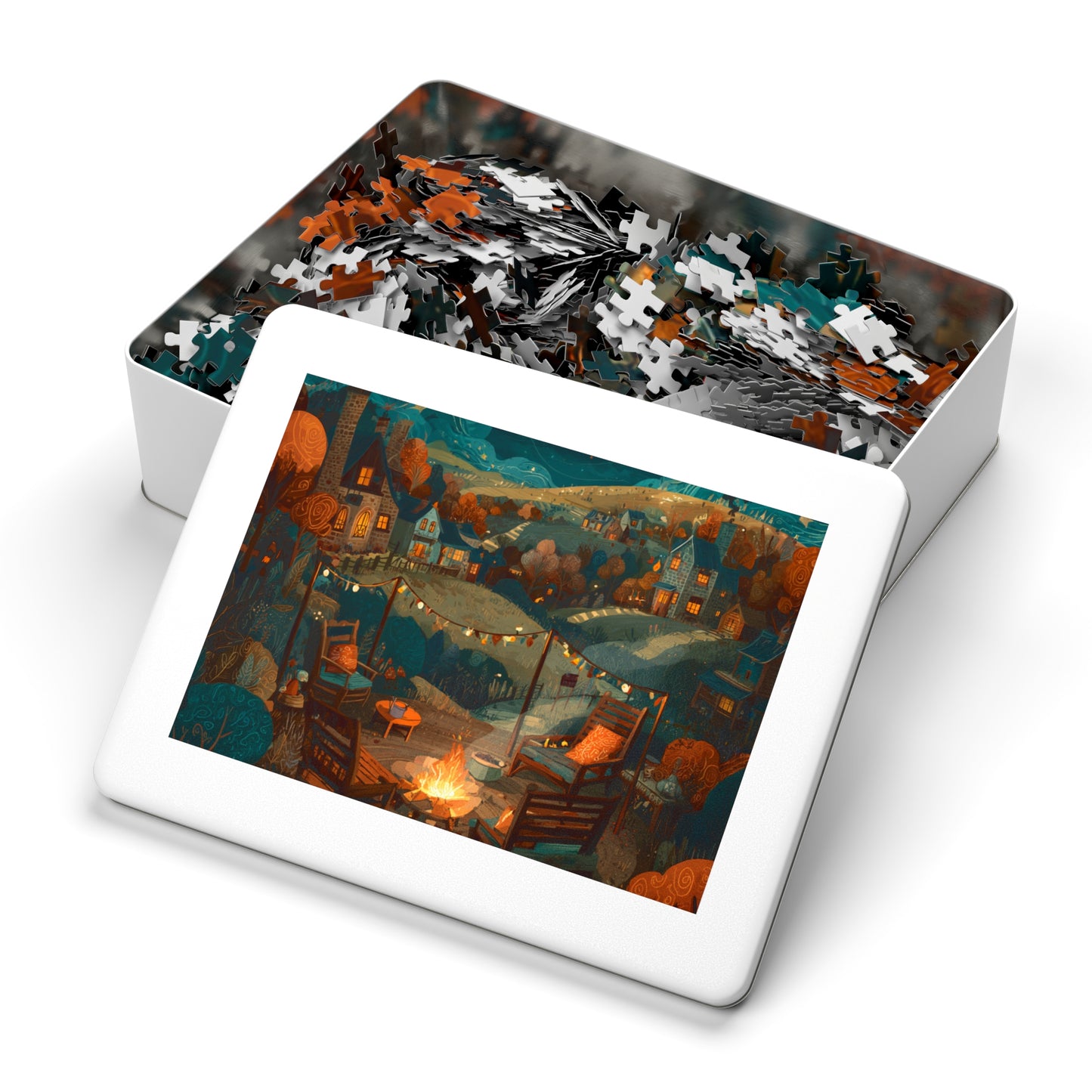 Cozy Campfire Village Jigsaw Puzzle with Tin — 500pc Scenic Nighttime Puzzle