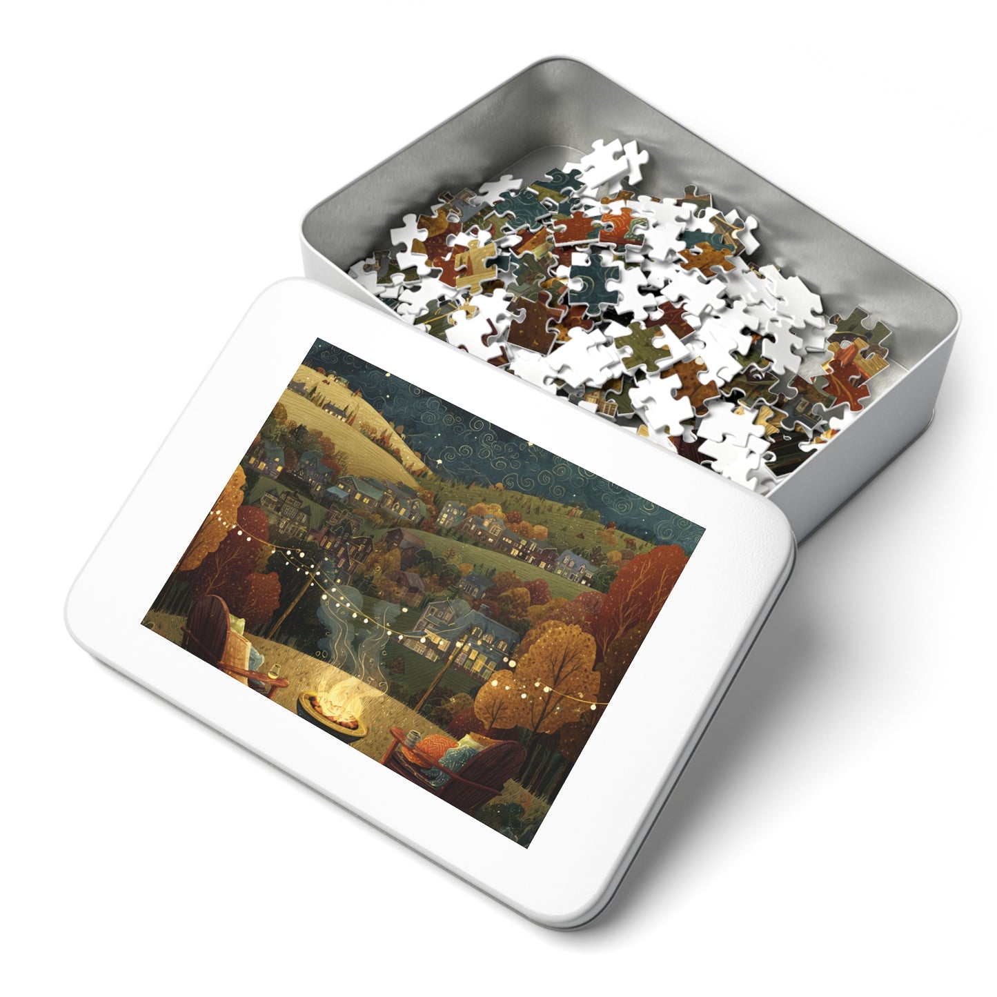 Cozy Hillside Evening Jigsaw Puzzle with Tin — Scenic Campfire Village Puzzle