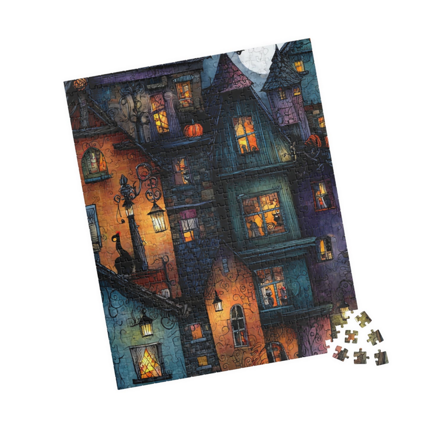 Spookington Village Puzzle Collection, Creepy Halloween Town with Black Cats in Windows, Whimsical & Spooky Jigsaw Halloween Themed Puzzle