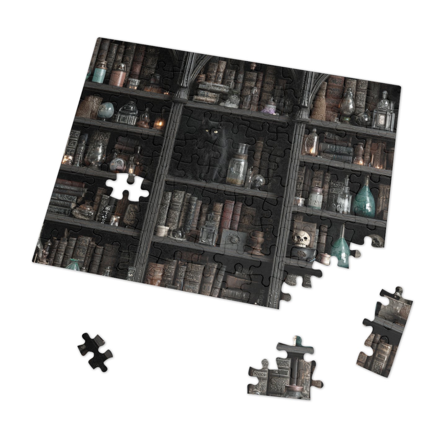 Witchs Shadowy Library Puzzle with a Black Cat, Spellbooks and Enchanted Tomes, Jigsaw Puzzle with tin,  Halloween Gift Idea