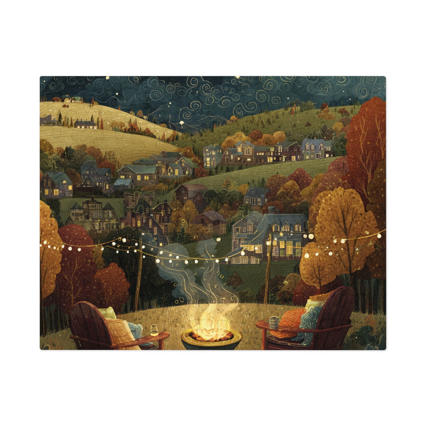 Cozy Hillside Evening Jigsaw Puzzle with Tin — Scenic Campfire Village Puzzle