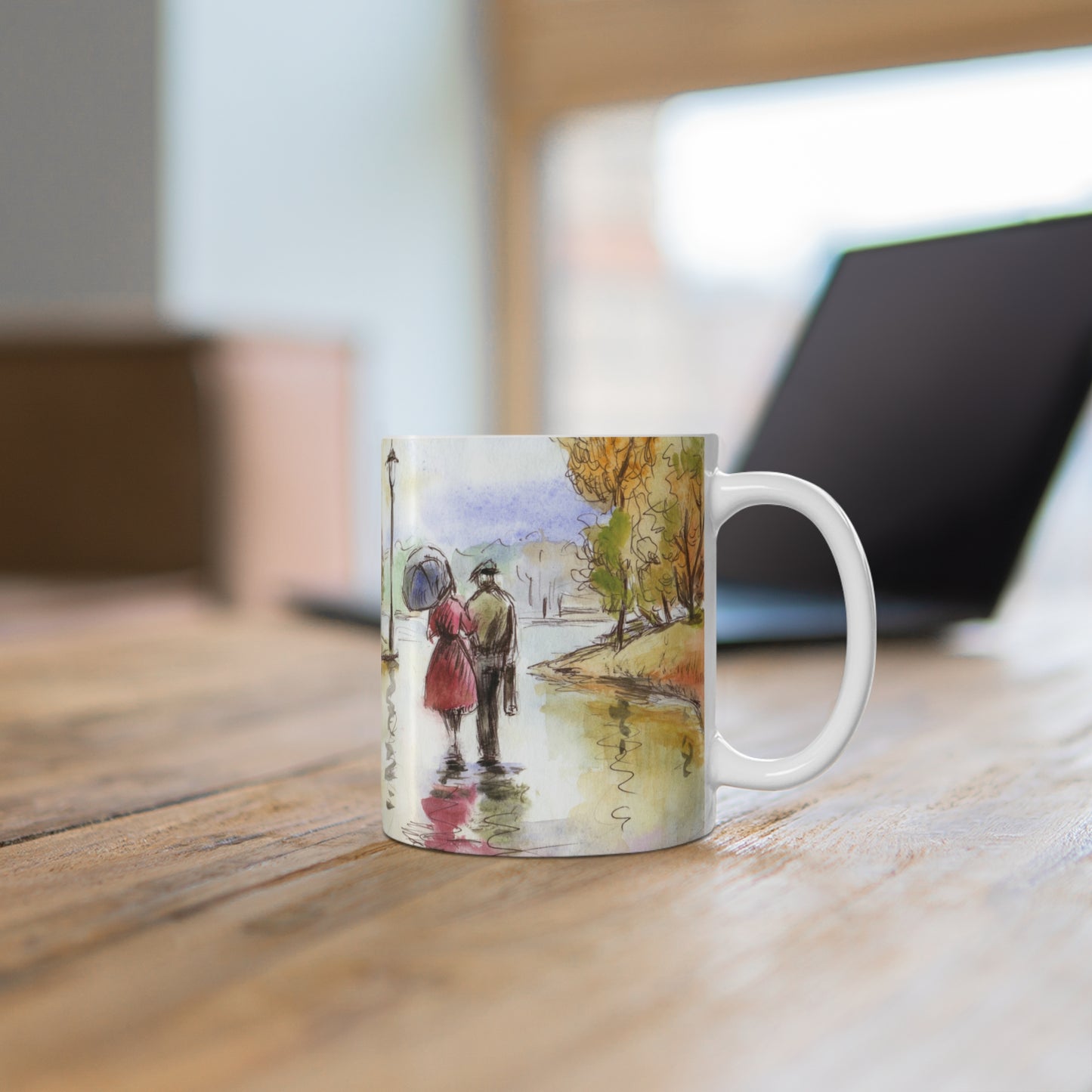 Romantic Autumn Stroll Coffee Mug — 11oz Scenic Park Watercolor Mug