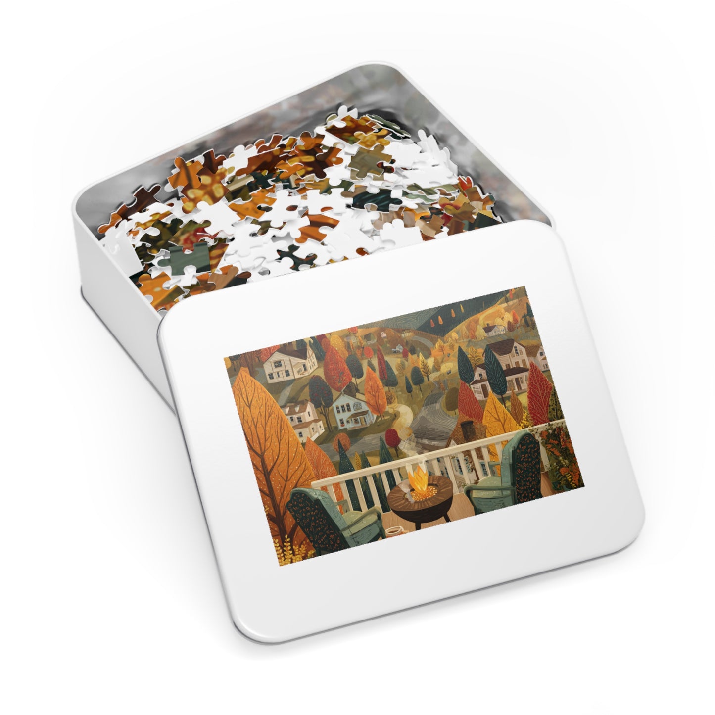 Autumn Porch Scene Jigsaw Puzzle with Tin — Cozy Fall Landscape 500pc