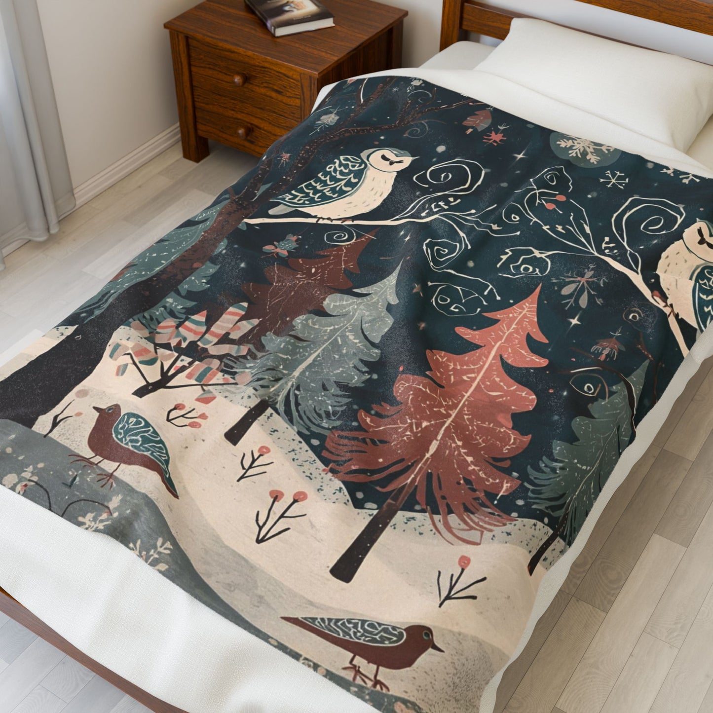 Whimsical Winter Owl Forest Velveteen Plush Blanket | Cozy Woodland Throw | Soft Plush Blanket Gift | Snowy Owl and Pine Tree Decor