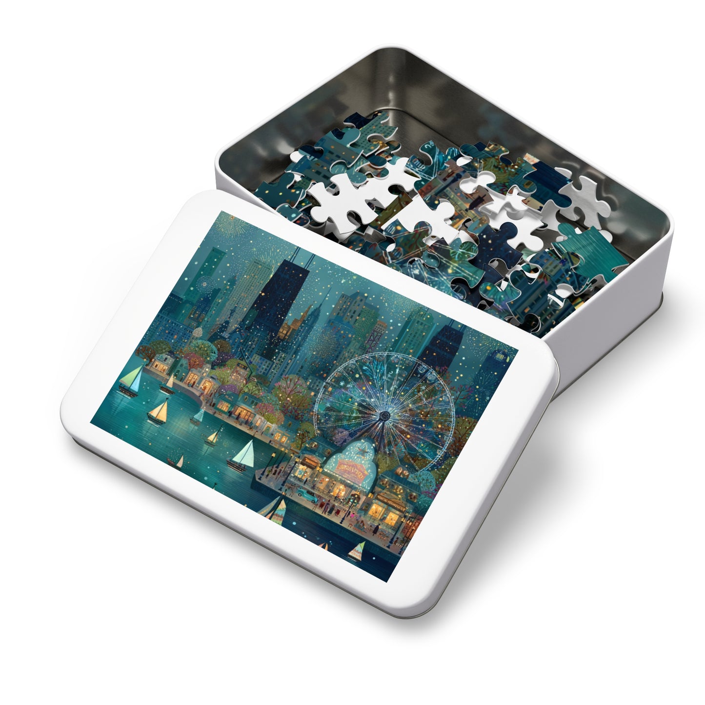 Seattle Waterfront Whimsical Jigsaw Puzzle with Tin