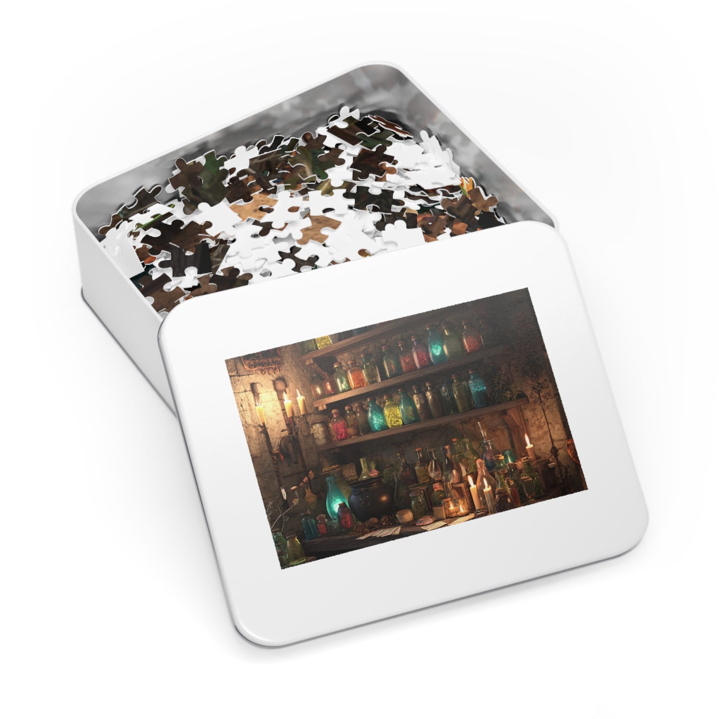 Witchs Potion Room Puzzle with Spellbinding Bottles, Magical Brews an Enchanted Jigsaw Puzzle with Decorative Tin