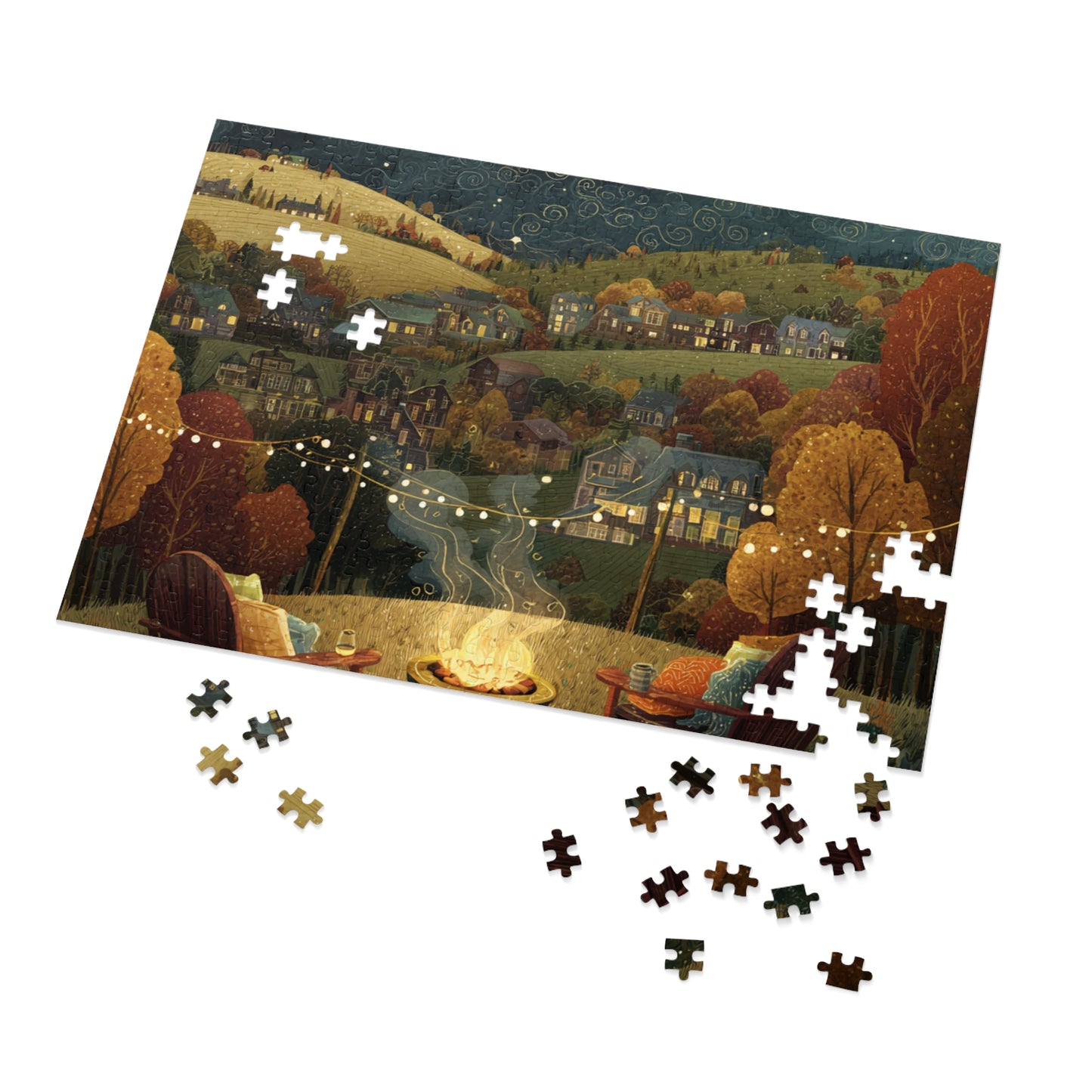 Cozy Hillside Evening Jigsaw Puzzle with Tin — Scenic Campfire Village Puzzle