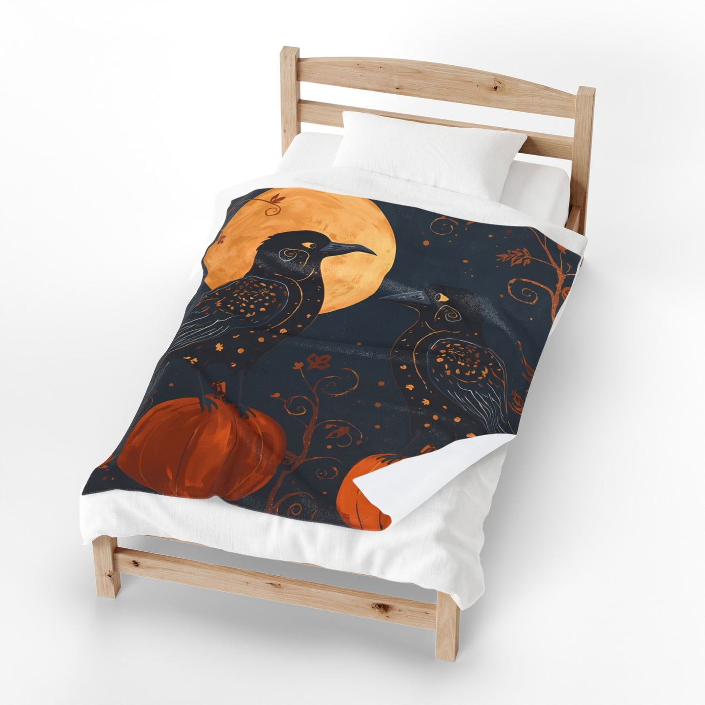 Whimsical Crows with Full Moon Velveteen Plush Blanket | Cozy Fall Throw | Warm Autumn Home Decor | Pumpkin Design