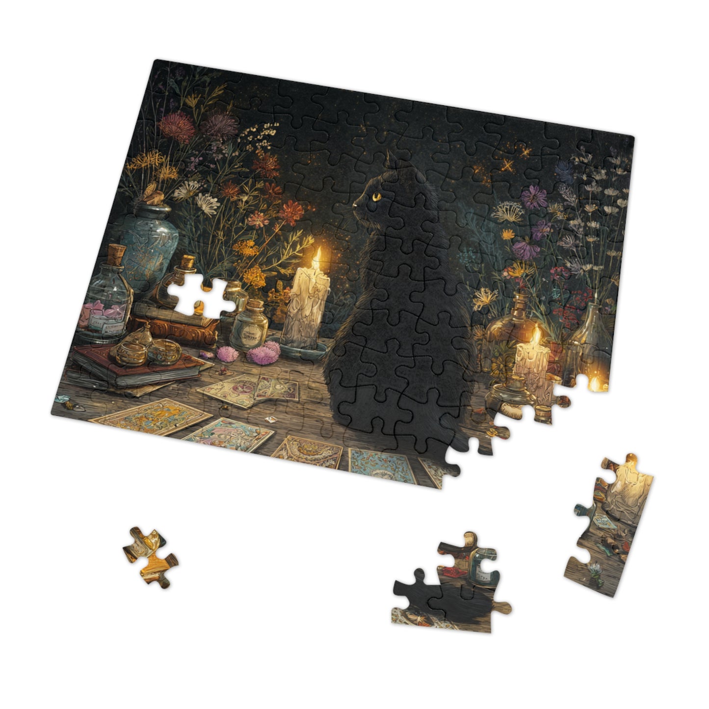 Mystical Black Cat Puzzle,  Enchanted Tarot, Candles & Herbs Jigsaw Puzzle in Gift Tin - Mystical Vibes, Halloween Gift. Gothic Gift