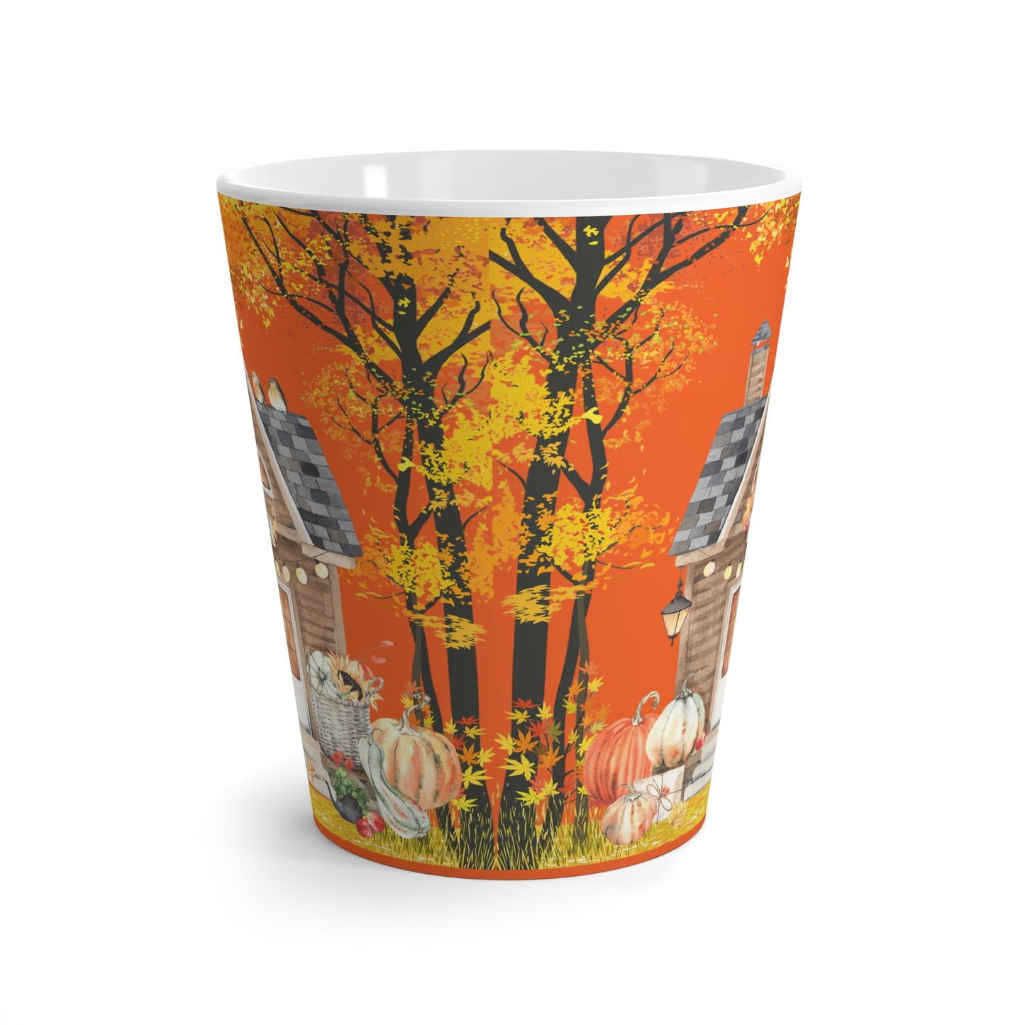 Autumn Cottage Latte Mug (12 oz) | Cozy Fall Coffee Cup | Rustic Cottage Mug | Pumpkin Spice Gift | Jazz N’ Coffee Puzzles