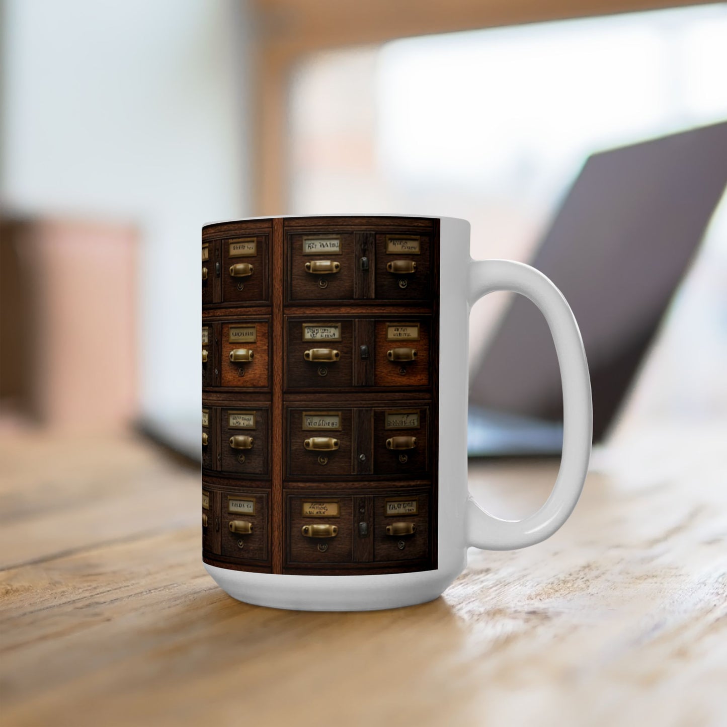 Vintage Library Card Catalog Mug — Antique Wooden Drawer Pattern Ceramic Coffee Cup (11oz/15oz)
