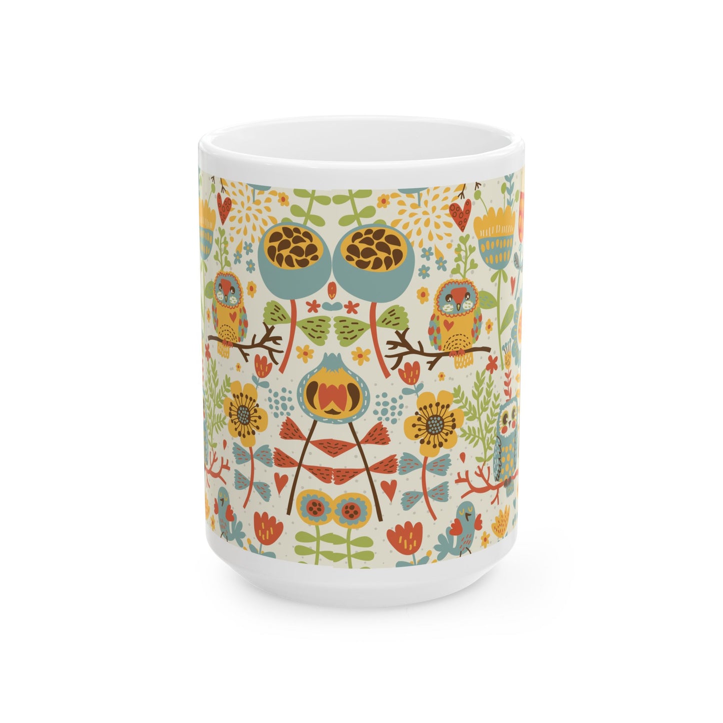 Whimsical Owl Ceramic Mug, Vibrant and Cheerful Coffee Mug, 11oz & 15oz, Perfect Gift for Owl Lovers, Cute Tea Mug