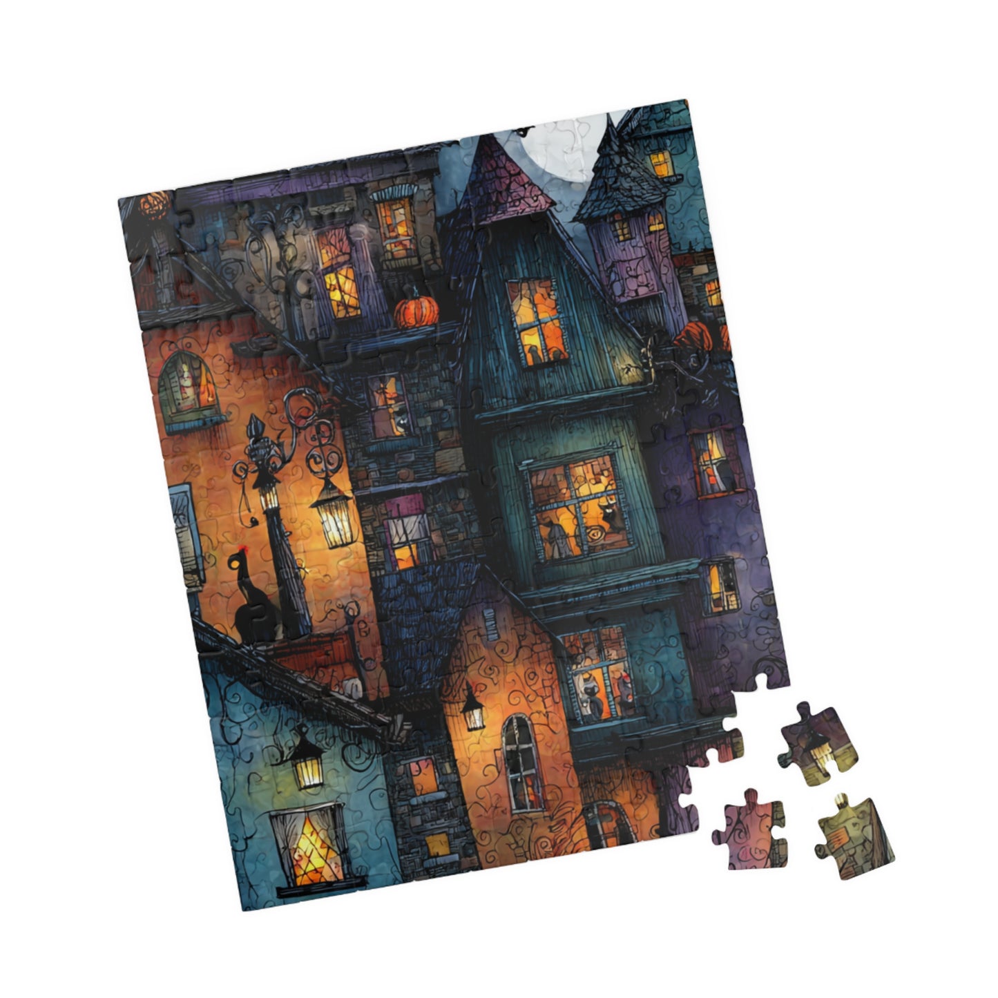 Spookington Village Puzzle Collection, Creepy Halloween Town with Black Cats in Windows, Whimsical & Spooky Jigsaw Halloween Themed Puzzle