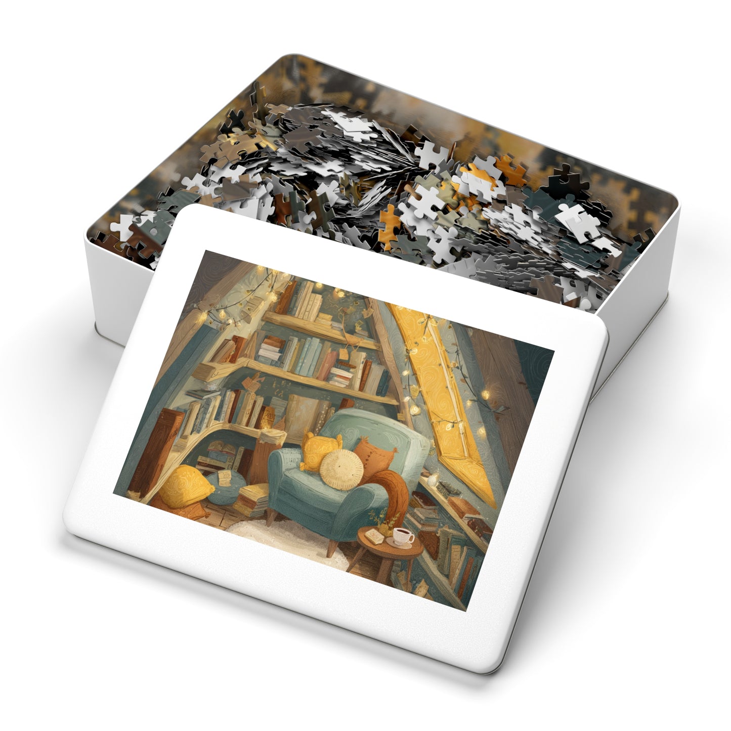Cozy Reading Nook Jigsaw Puzzle (with Tin) — Warm Attic Books & Tea Scene