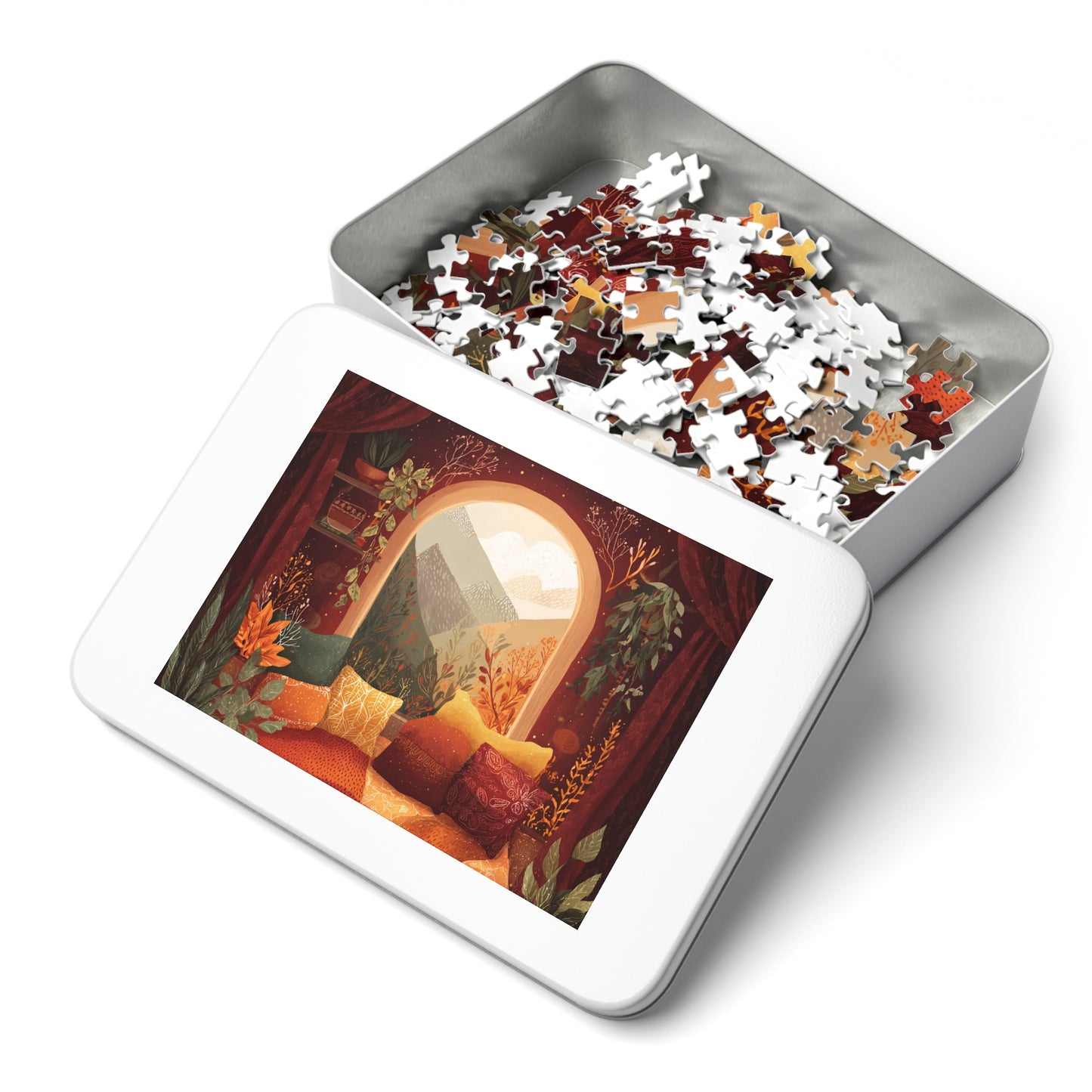 Cozy Window View Jigsaw Puzzle with Tin – Autumn Cabin Scenic Puzzle