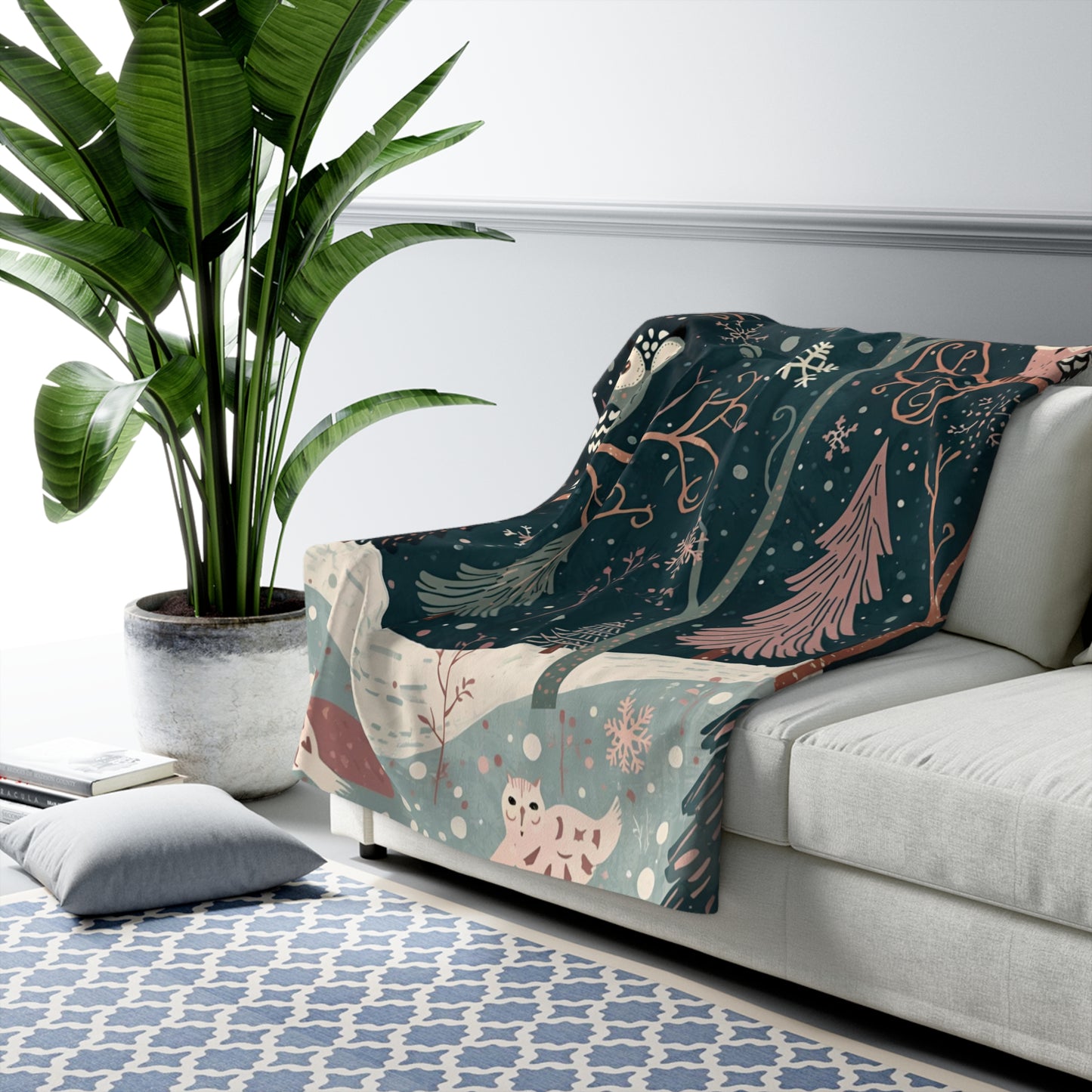 Whimsical Owl Sherpa Fleece Blanket | Cozy Winter Throw | Soft Owl Blanket Gift | Snowflake & Pine Tree Decor | Warm Plush Throw