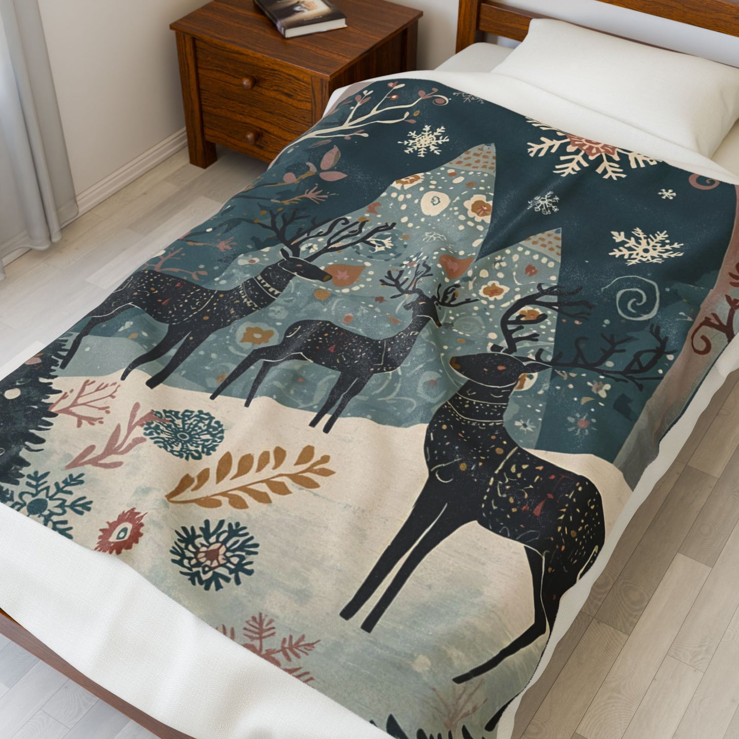 Whimsical Winter Deer Velveteen Plush Blanket | Cozy Woodland Throw | Soft Warm Blanket Gift| Snowflake & Deer Decor | Winter Home Accent