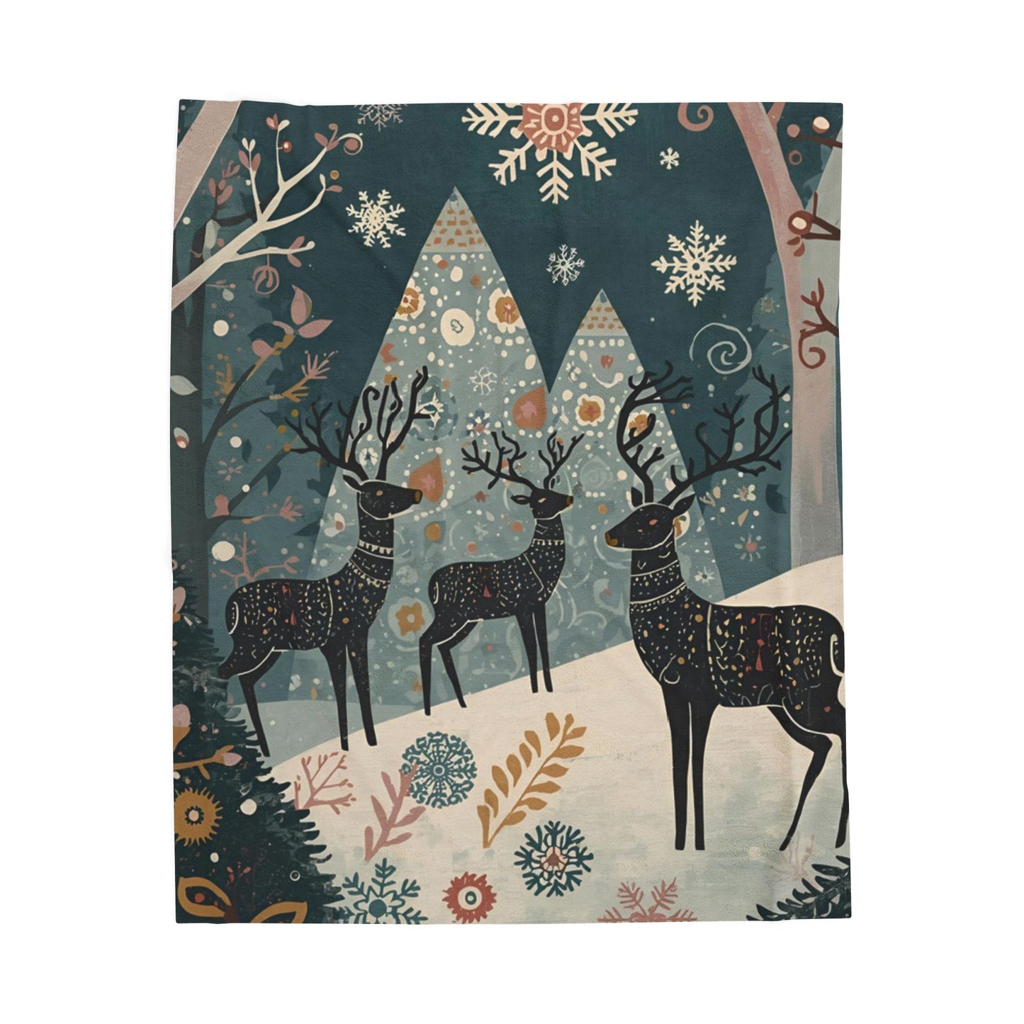 Whimsical Winter Deer Velveteen Plush Blanket | Cozy Woodland Throw | Soft Warm Blanket Gift| Snowflake & Deer Decor | Winter Home Accent